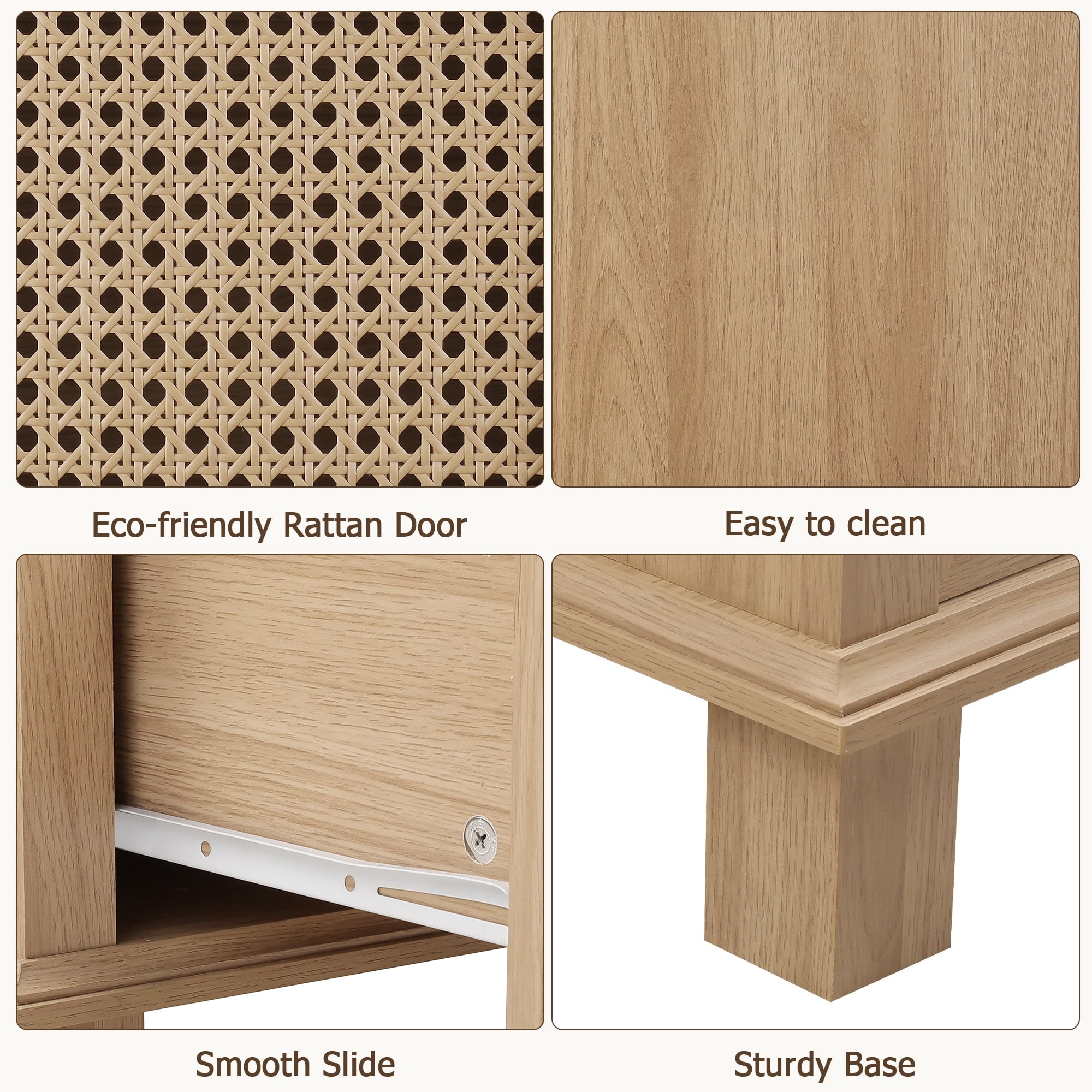Bathroom Cabinet with Rattan Doors, Rattan Linen Storage Cabinet with 2 Drawers, Oak - Image 6