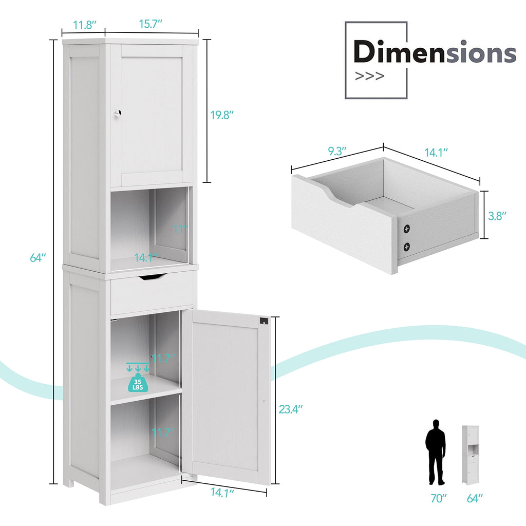 Walsunny Bathroom Storage Cabinet 64" Tall Narrow Wooden Bath Cabinet with Doors Shelves Drawer White - Image 3