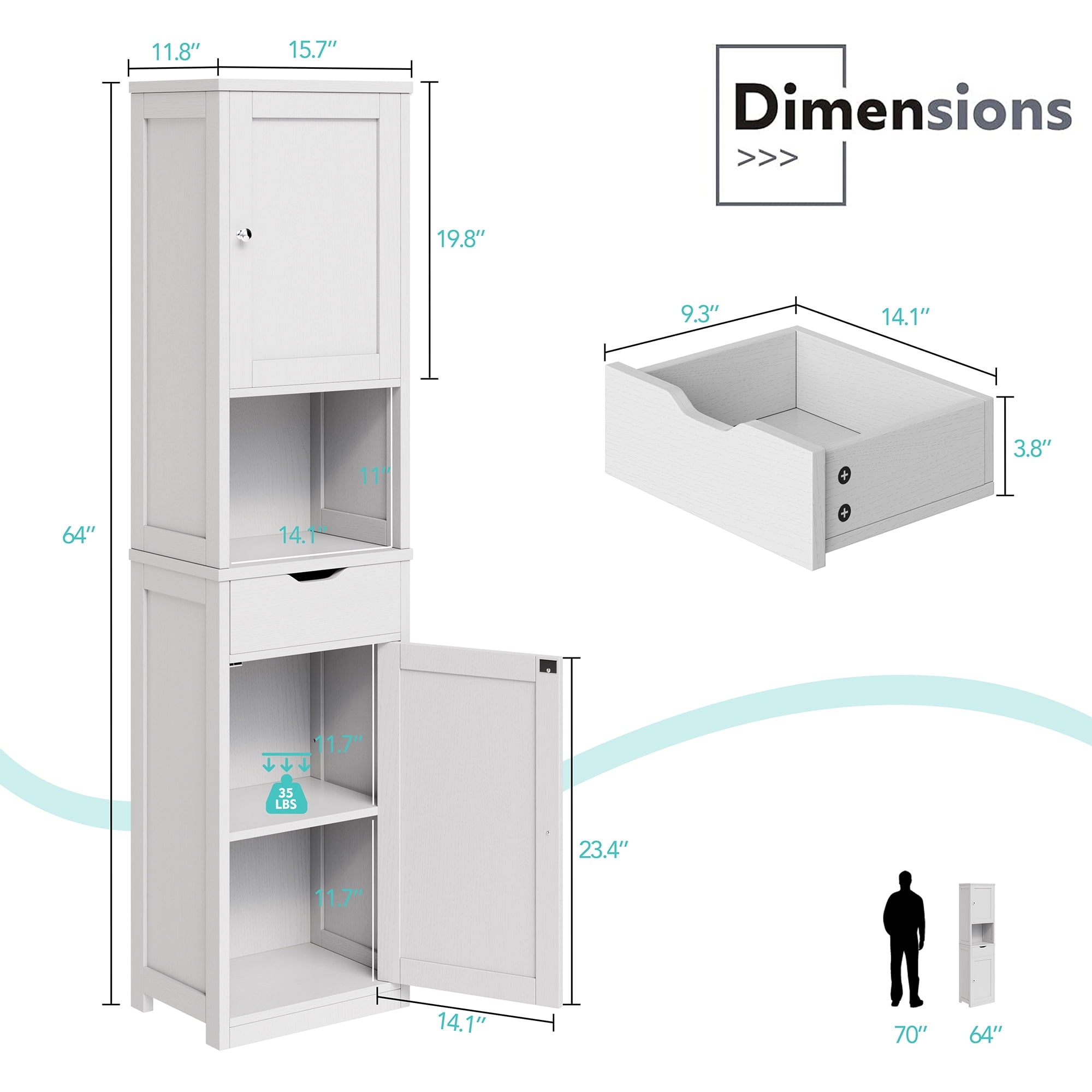 Walsunny Bathroom Storage Cabinet 64" Tall Narrow Wooden Bath Cabinet with Doors Shelves Drawer White - Image 3
