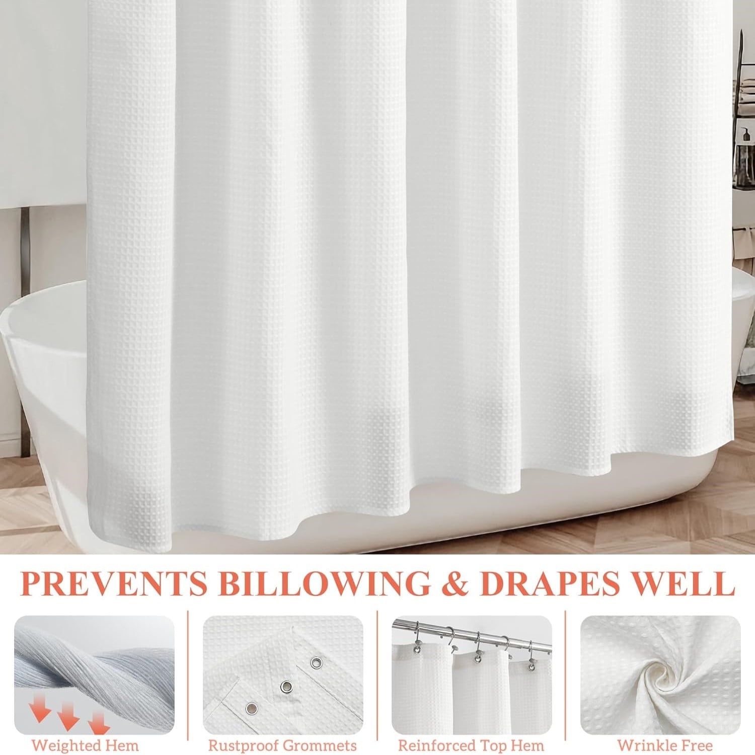 Shower Curtain and Liners Sets with Hooks, Mildew-Resistant Thick Bathroom Curtain Set, 72" x 72", White - Image 5