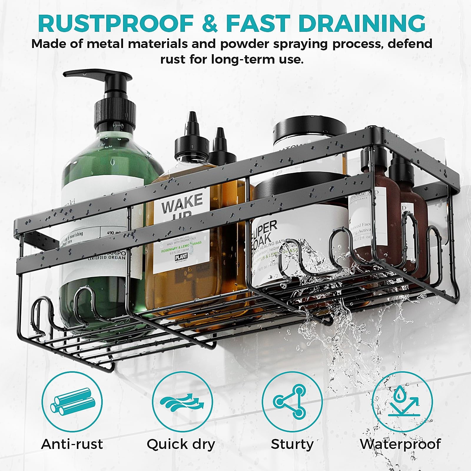 AHOXE Adhesive Shower Caddy, 5 Pack Rustproof Stainless Steel Bath Organizers With Large Capacity, No Drilling Shelves for Bathroom Storage - Image 5
