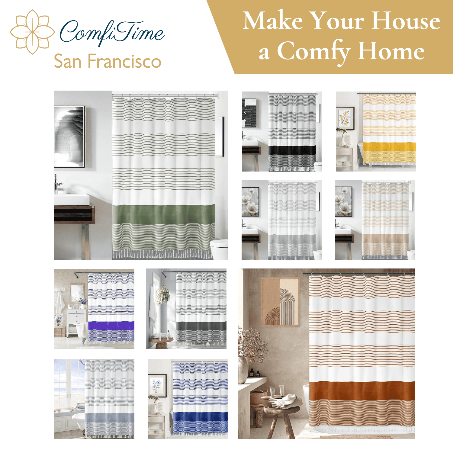 13-Piece Shower Curtain Set with Hooks, Heavy-Duty Slub Fabric, Boho Farmhouse Striped Bathroom Curtain, Water-Repell... - Image 2