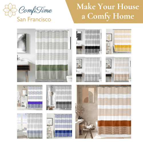 13-Piece Shower Curtain Set with Hooks, Heavy-Duty Slub Fabric, Boho Farmhouse Striped Bathroom Curtain, Water-Repell... - Image 2