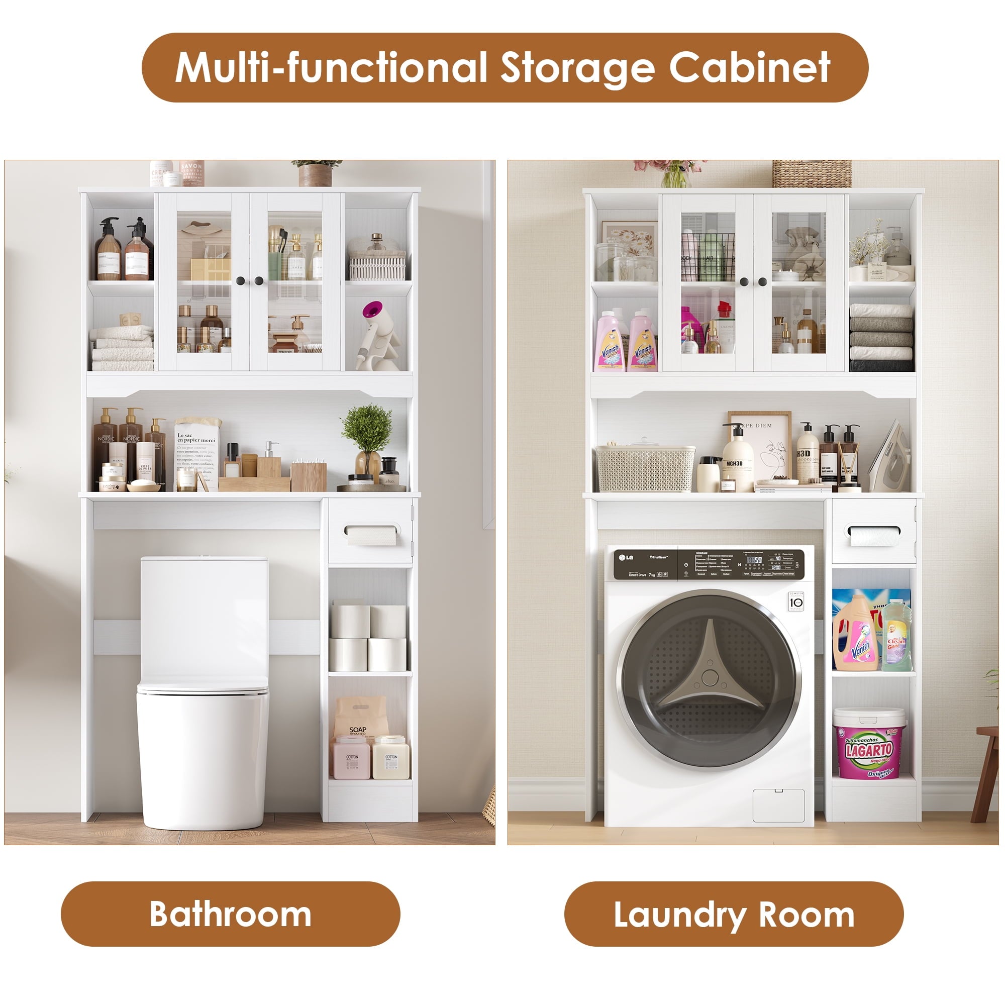 The Toilet Storage Cabinet with Toilet Paper Holder Stand, Above Toilet Organizer with Glass Doors, Behind Toilet She... - Image 6
