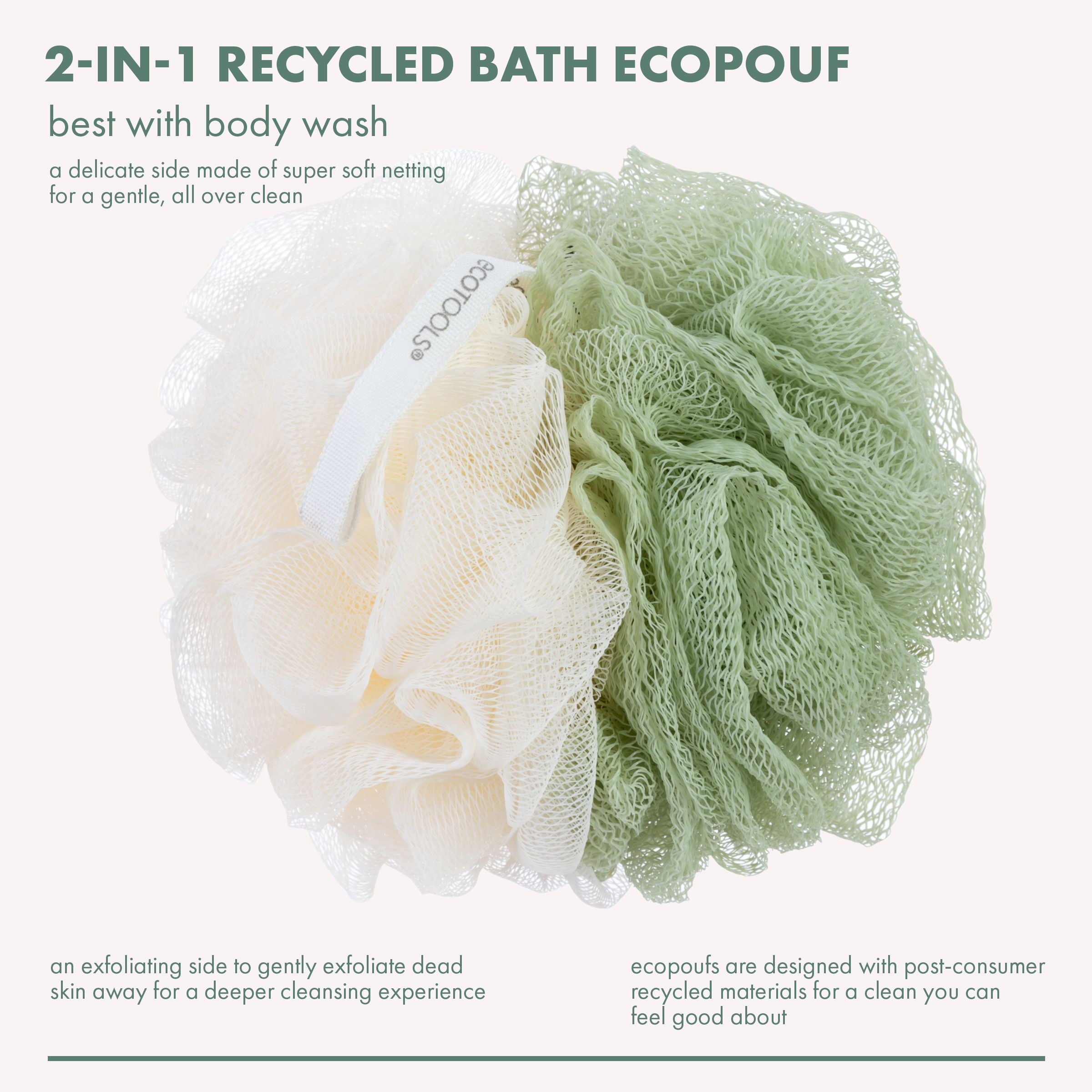 2-in-1 Pouf for Whole-Body Cleansing, Green & Cream Loofah, for Adults 1 Count - Image 2