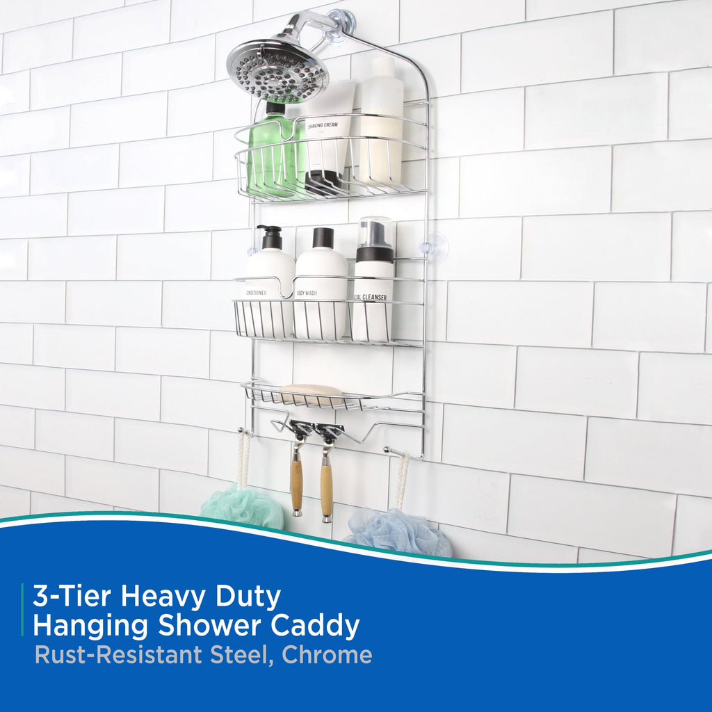 Heavy Duty 3-Tier Large Hanging Shower Caddy with Suction Cups and Four Razor Holders, Chrome - Image 3