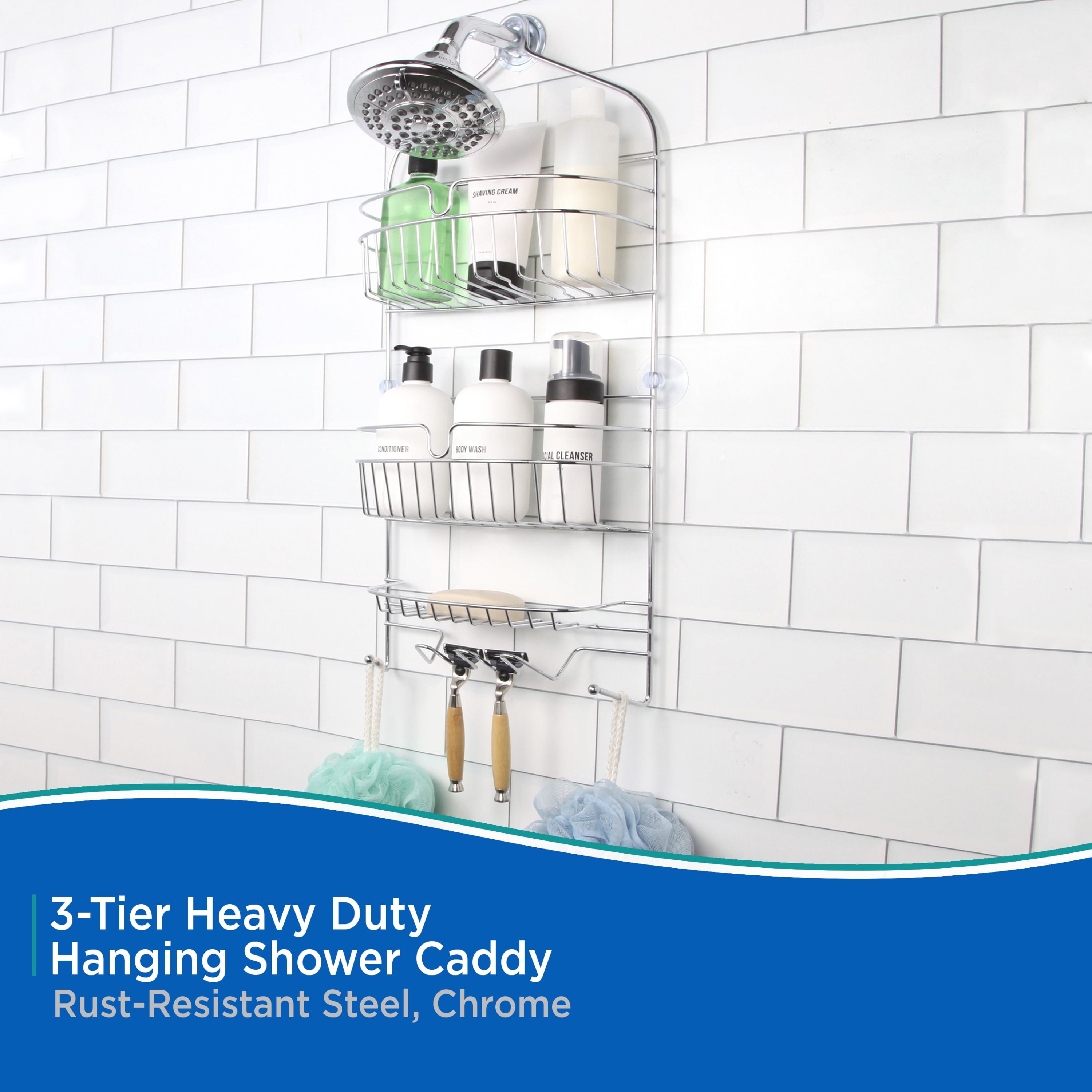 Heavy Duty 3-Tier Large Hanging Shower Caddy with Suction Cups and Four Razor Holders, Chrome - Image 3