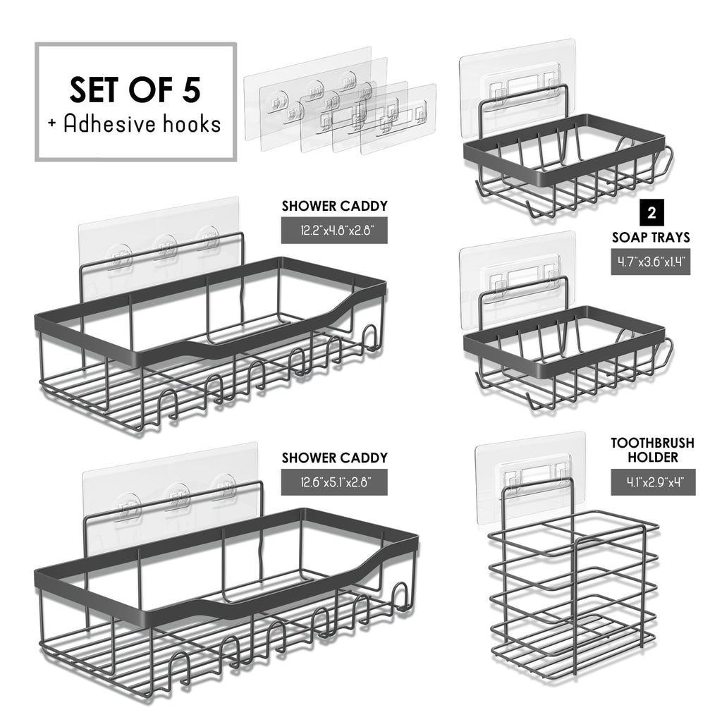 5 Pack Adhesive Steel Shower Caddy Organizer, Heavy Duty Stainless Steel Rustproof Shower Caddy, Gray - Image 5