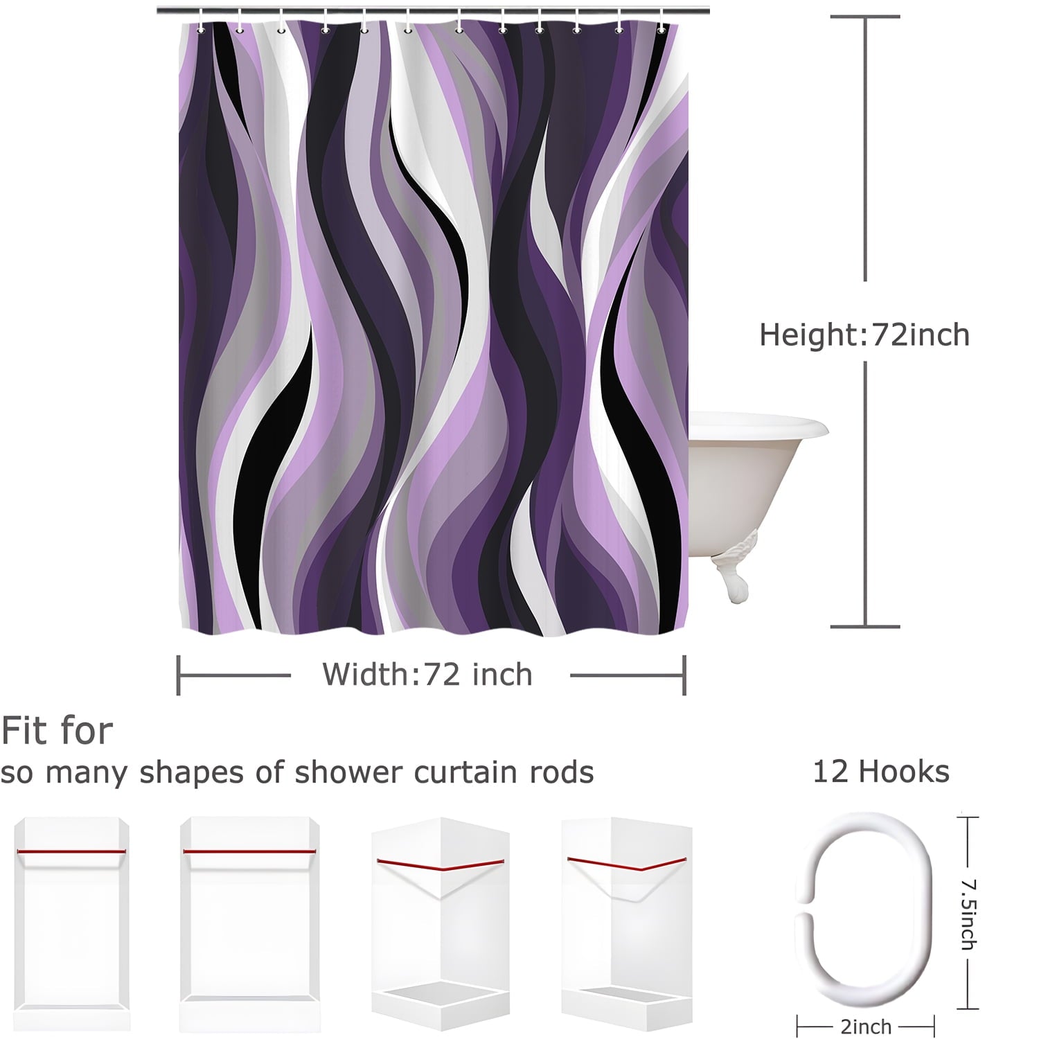 Curtain, Stripe Aesthetic Art Curtains Bathroom Decor Set, Fabric Cloth Waterproof with 12 Hooks 72x72 in - Image 6