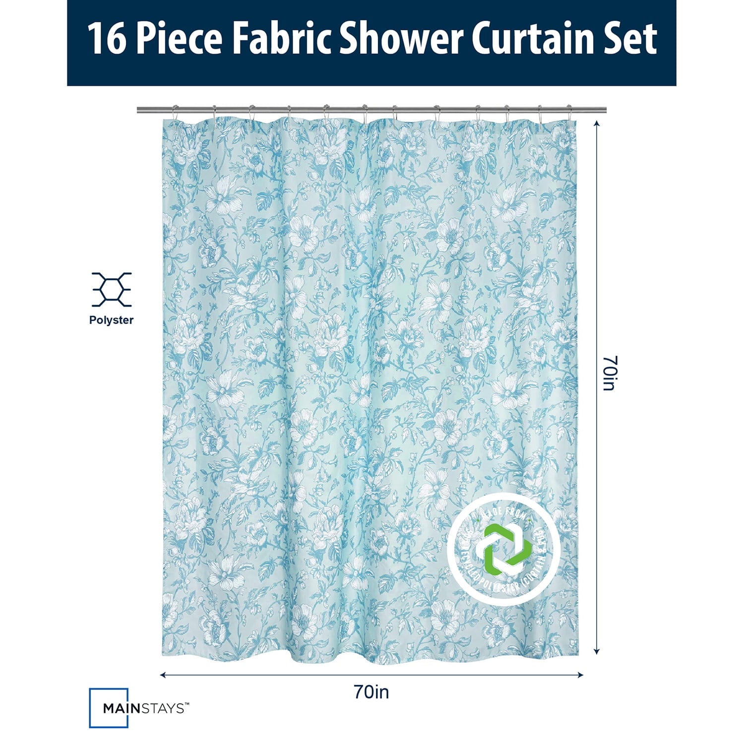 16-Piece Blue Floral Shower Curtain Bathroom Set Fabric Curtain with Rug, Hooks, Soap Dispenser & Tray - Image 5