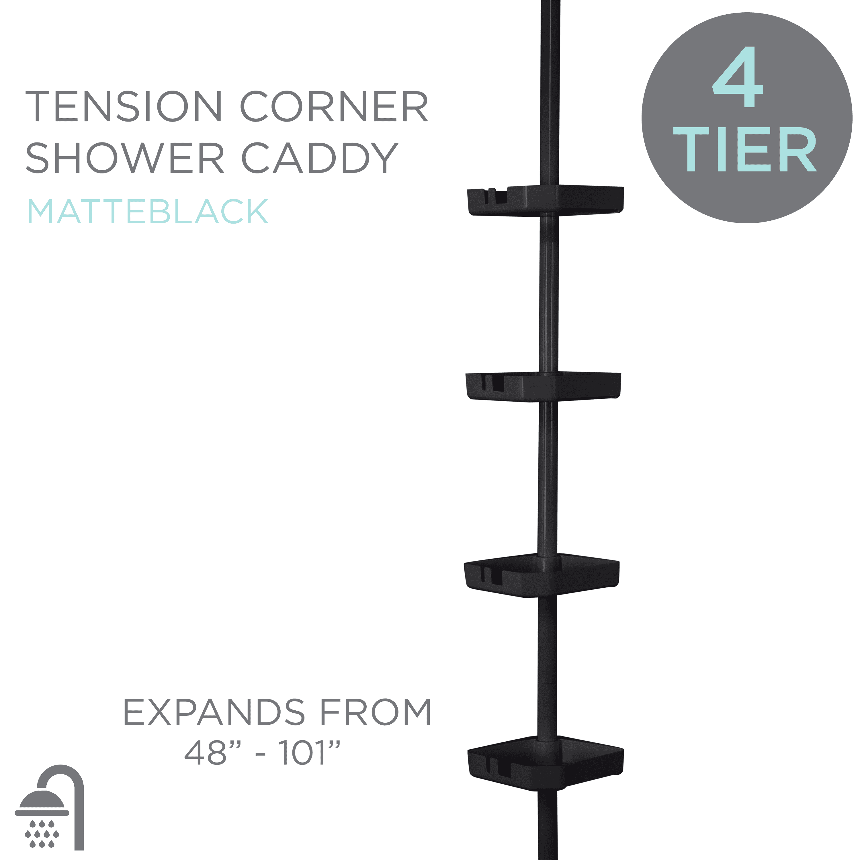 Bath Bliss 4 Shelf Tension Plastic Corner Shower Organizer Caddy in Matte Black - Image 2