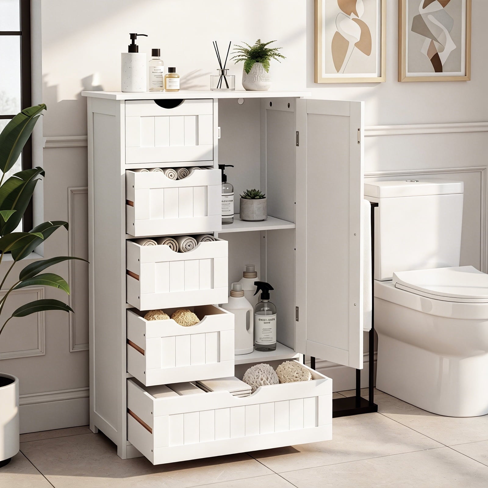 Wooden Bathroom Floor Cabinet, Side Storage Organizer with 5 Drawers, 1 Cupboard & 2-Shelves, White - Image 2