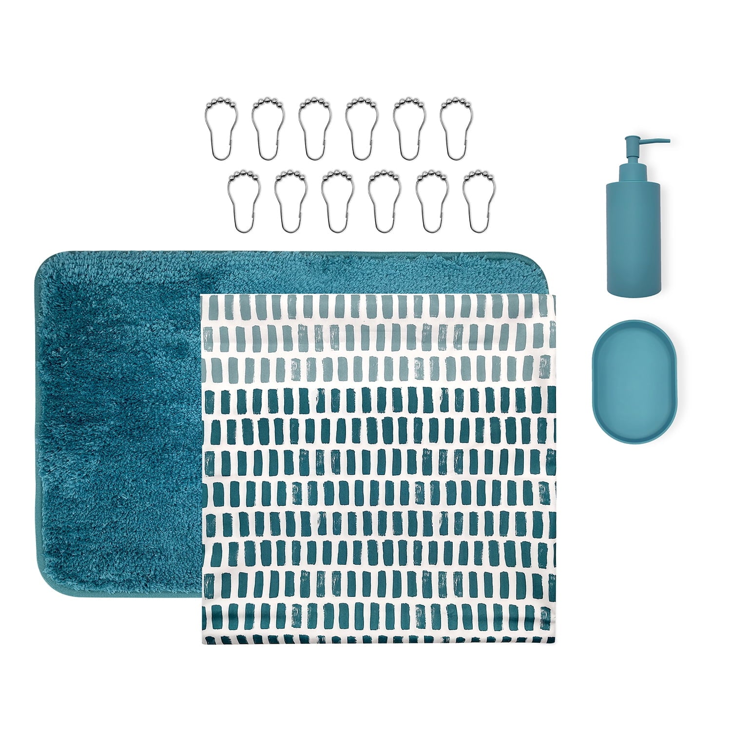 Mainstays 16-Piece Ombre Stripe Shower Curtain Bathroom Set  Blue Fabric Curtain with Rug, Hooks, Soap Dispenser & Tray - Image 3