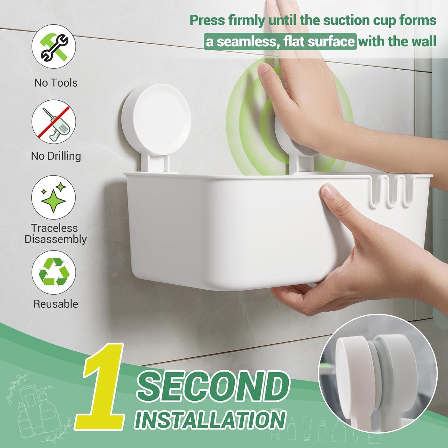 2 Pack, Shelves Suction Cup, No Drilling Removable Organizer - Powerful Waterproof Bathroom Storage Max Hold 22lbs - Image 3