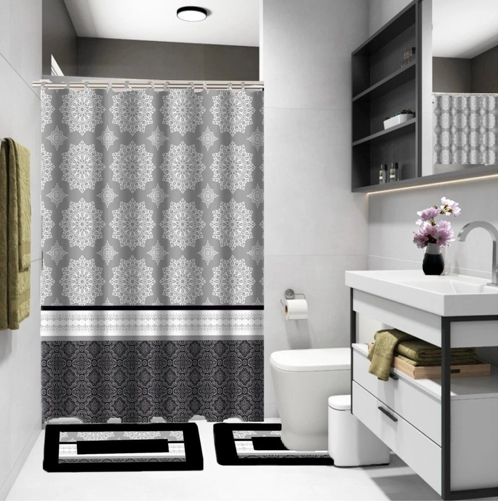 15-Piece Bathroom Set, Fabric Shower Curtain, 2 Non-Slip Rugs