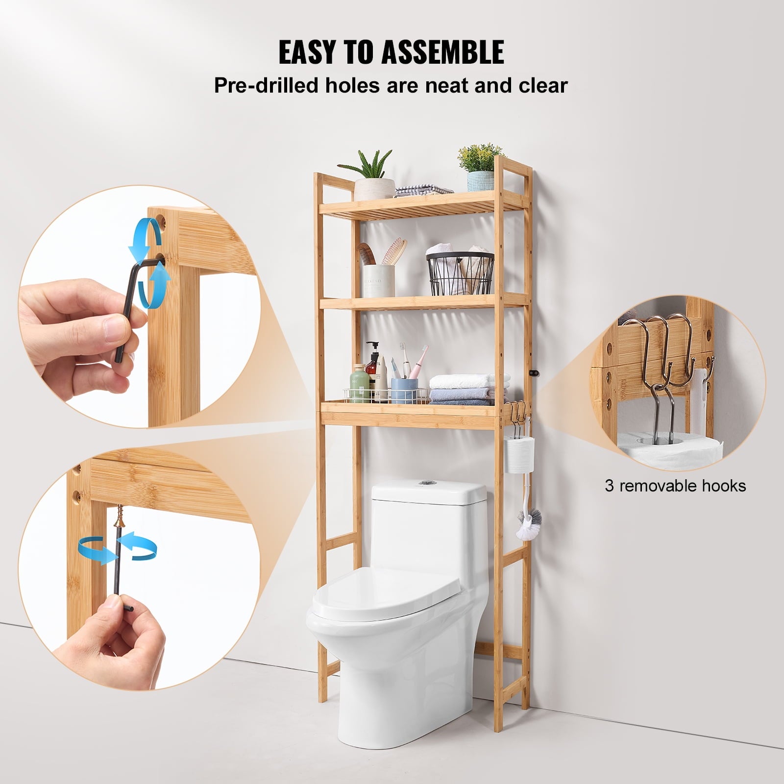 KFFKFF 3-Tier Adjustable Over Toilet Storage Rack, Bamboo Bathroom Organizer with Hooks, Freestanding Shelf for Laundry and Bathroom Space S - Image 5