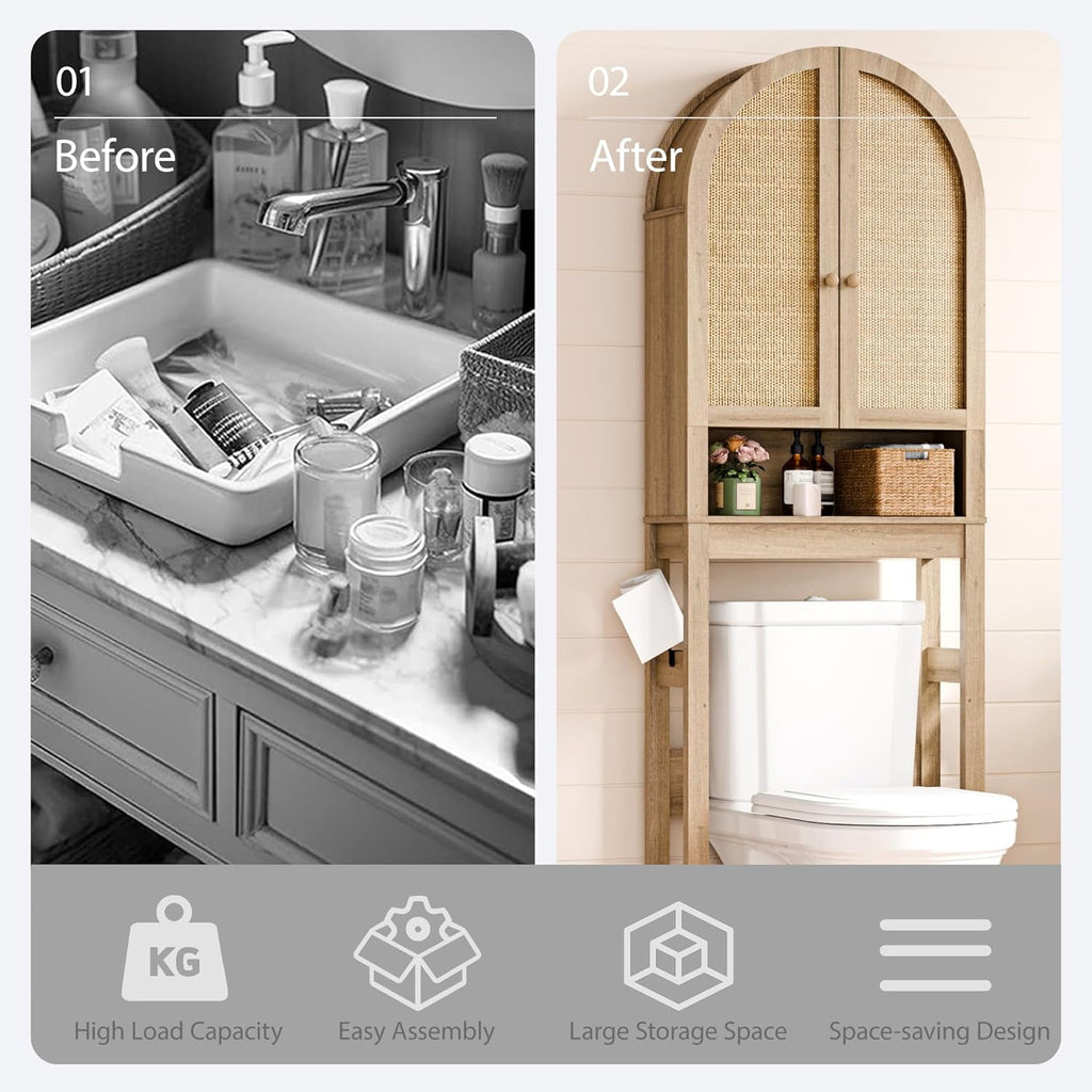 The Toilet Storage Cabinet, Bathroom Storage Shelf Organizer with Rattan Doors, Freestanding Above The Toilet Storage... - Image 6