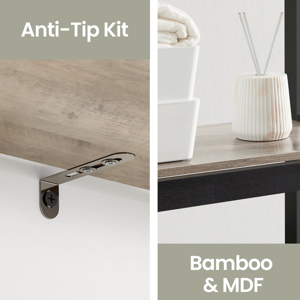 3-Tier Storage Organizer with Adjustable Shelves & Hooks, Bamboo Bathroom Shelving Unit, Heather Greige and Ink Black - Image 3