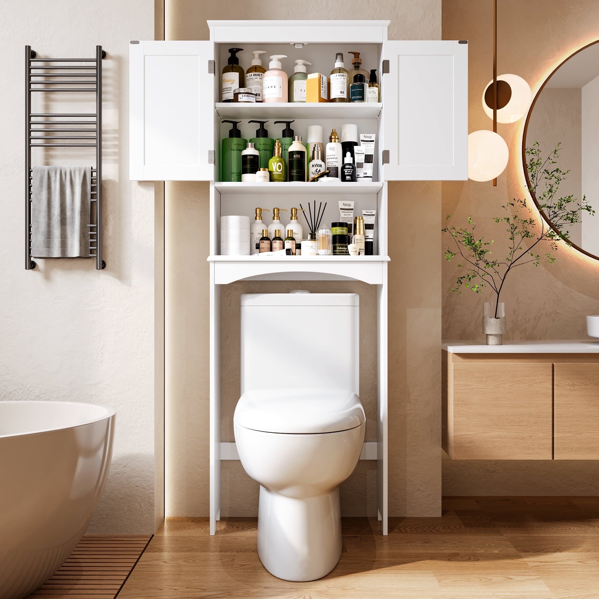 the Toilet Storage Cabinet, Bathroom Space Saver Organizer above Toilet with Adjustable Shelf & 2 Doors, White - Image 3