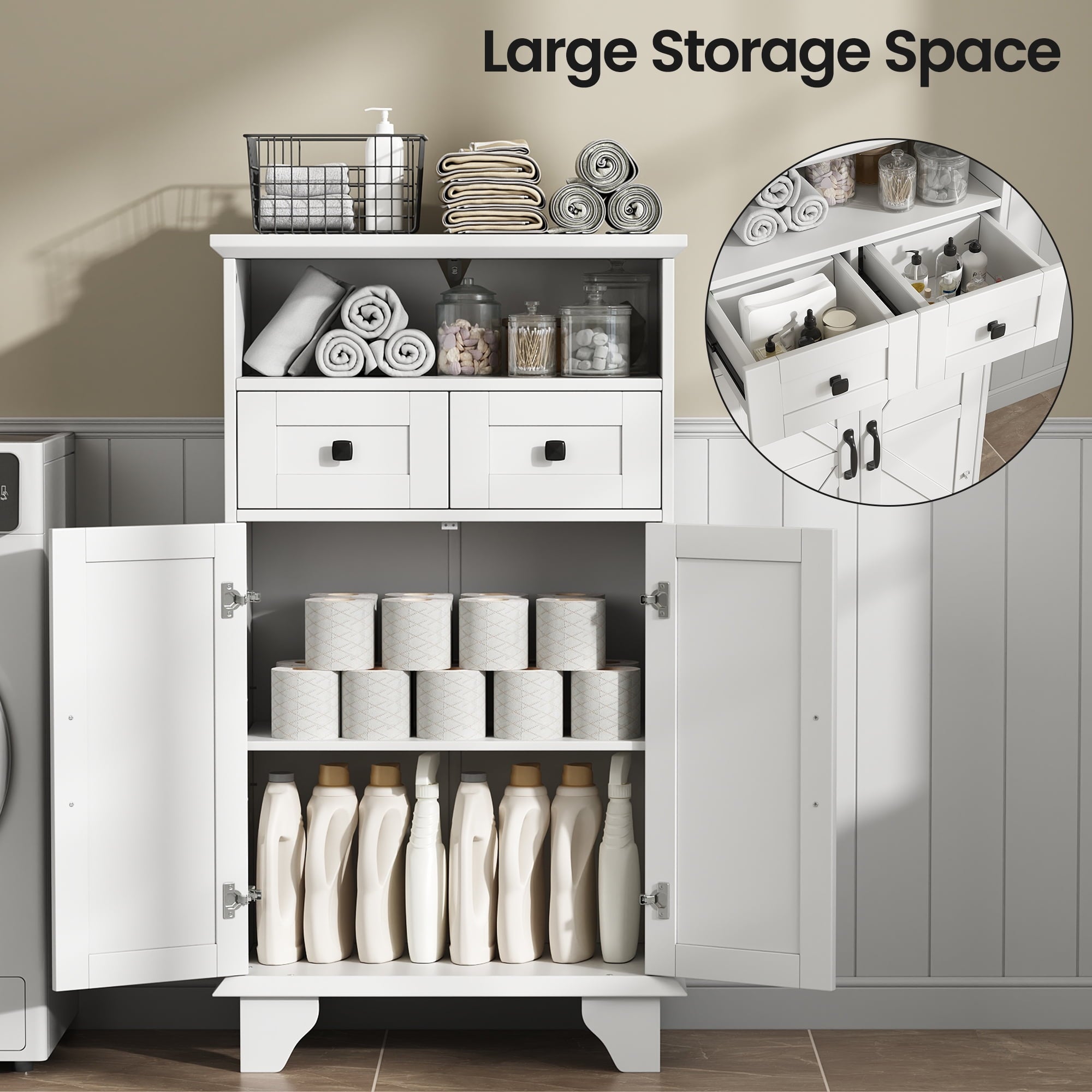 Bathroom Storage Cabinet with Doors and Drawers,Farmhouse White Bathroom Floor Cabinet freestanding with Adjustable S... - Image 3