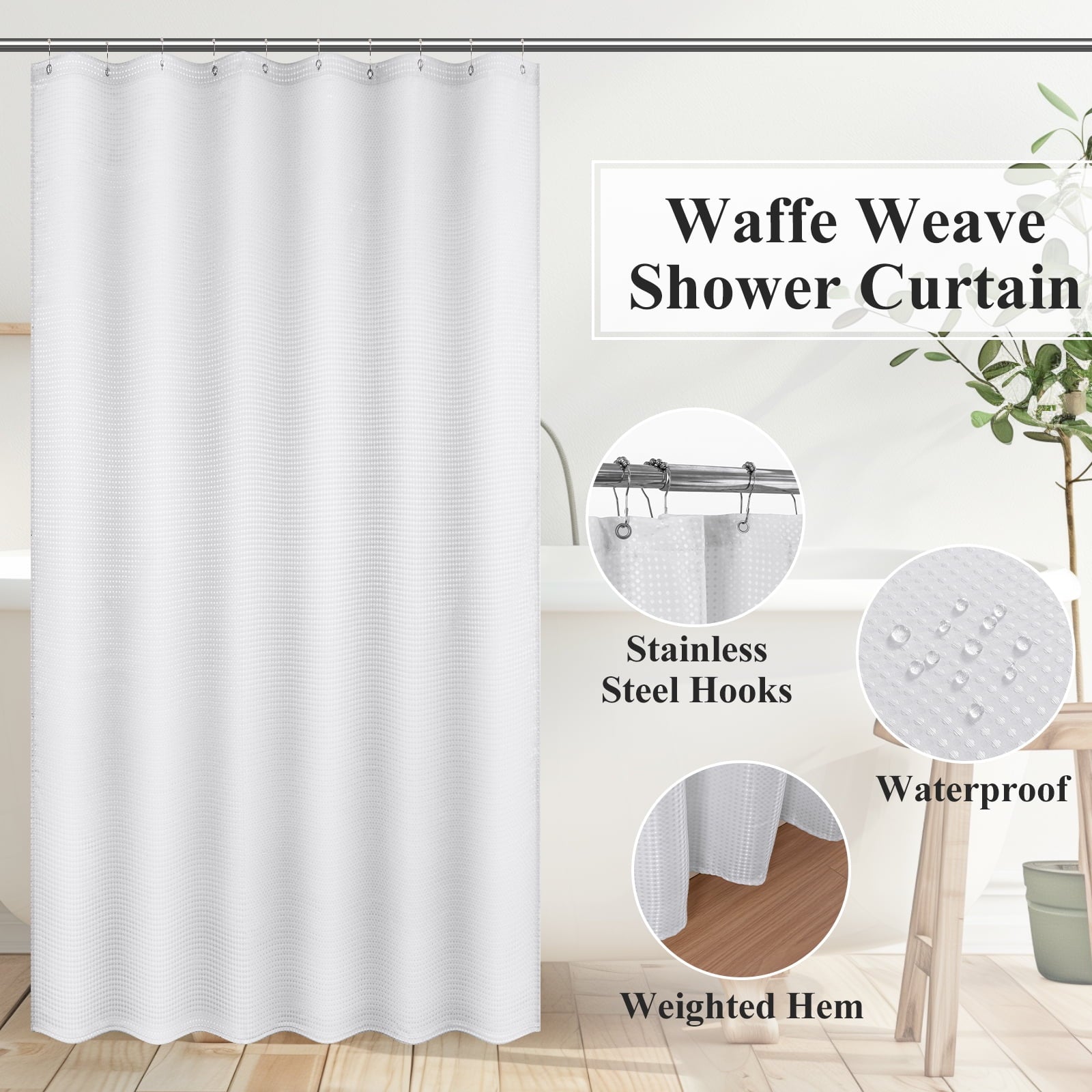 ‌Ileading 16-Piece Shower Curtain Set with Rugs, Waterproof Waffle Shower Curtain & Soft Non-Slip Bath Rugs with 12 Hooks, White Bathroom Se - Image 6