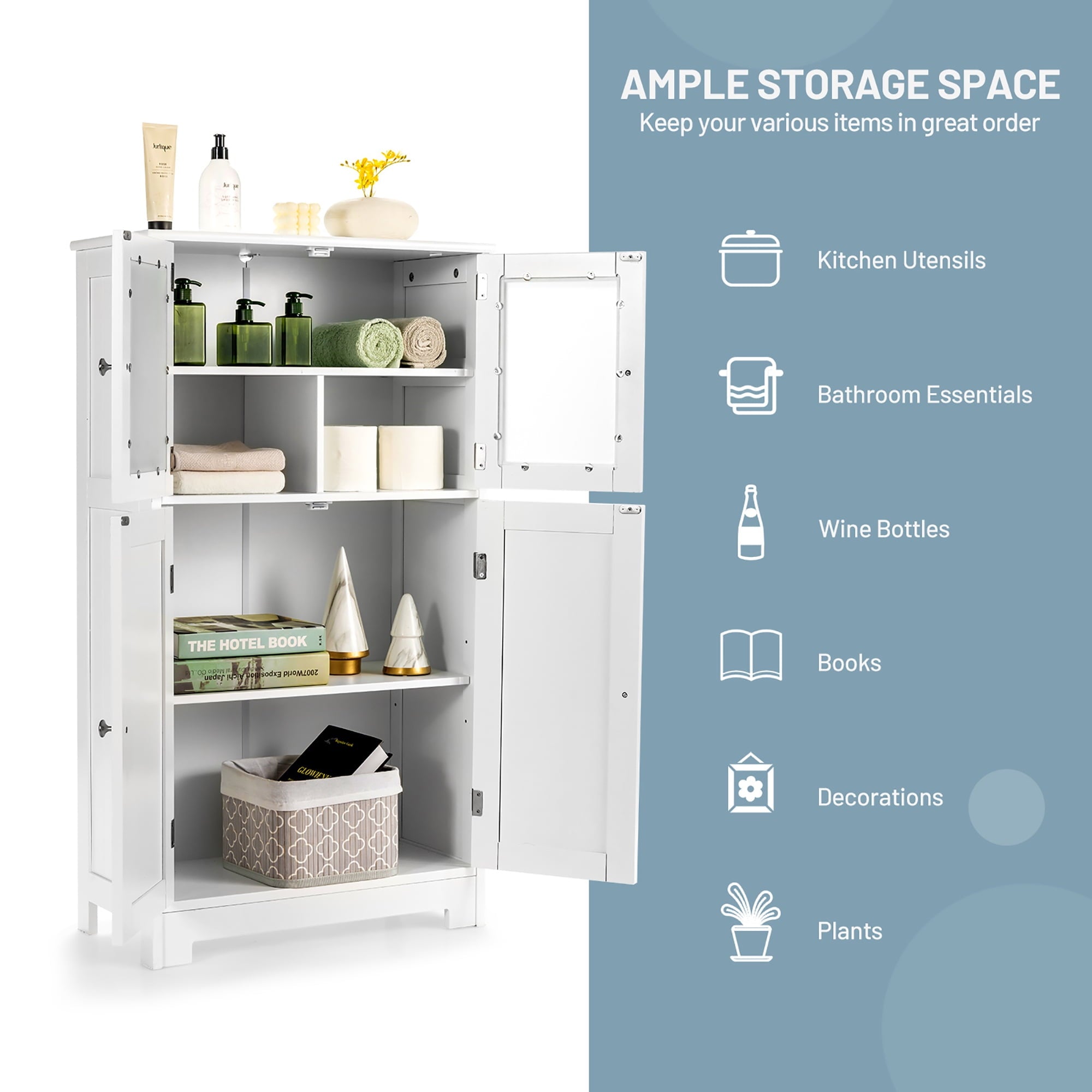 Bathroom Floor Storage Cabinet Kitchen Cupboard w/Doors&Adjustable Shelf White - Image 6