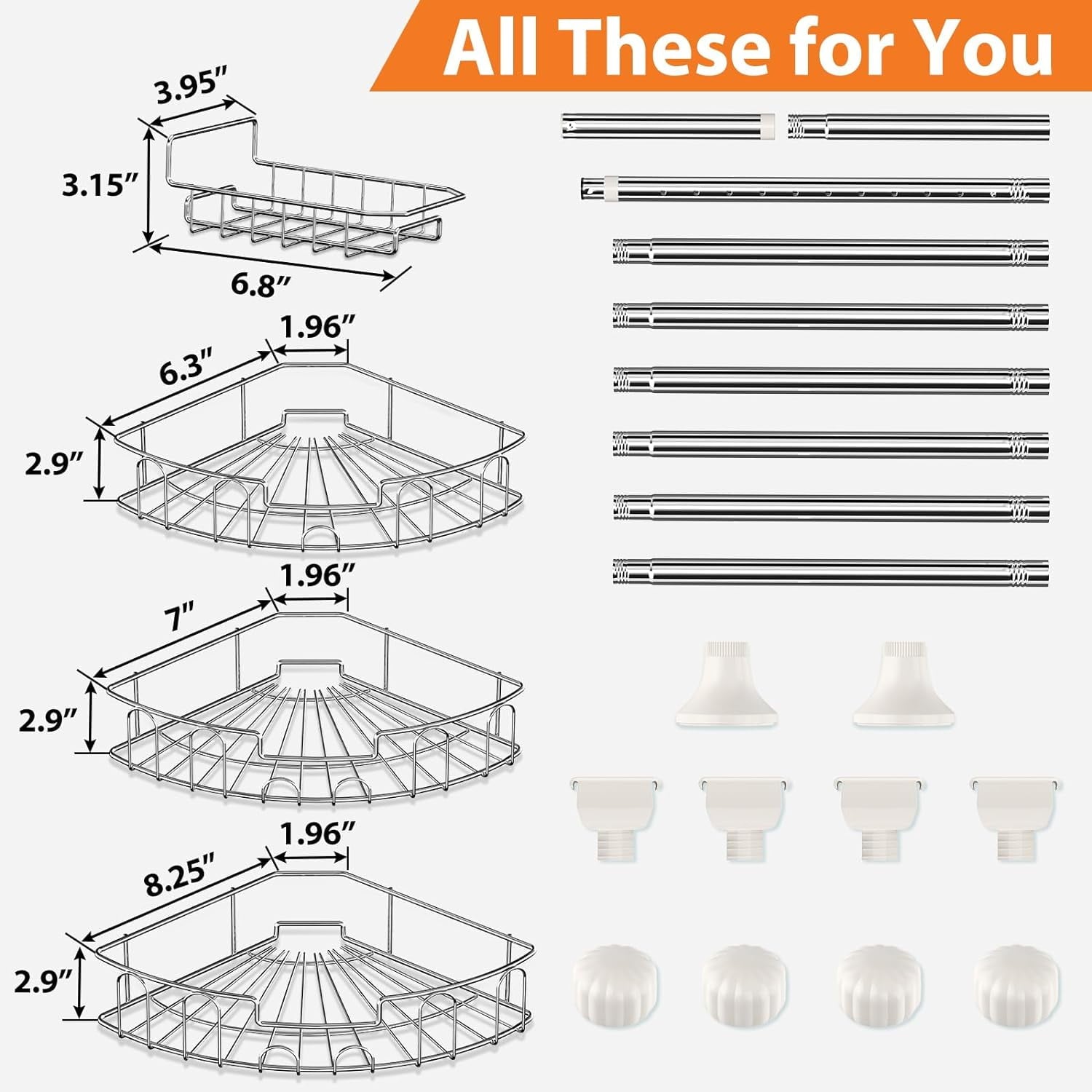 4-Shelf Stainless Steel Plastic Tension Pole Bathroom Corner Shower Caddy, Silver - Image 6