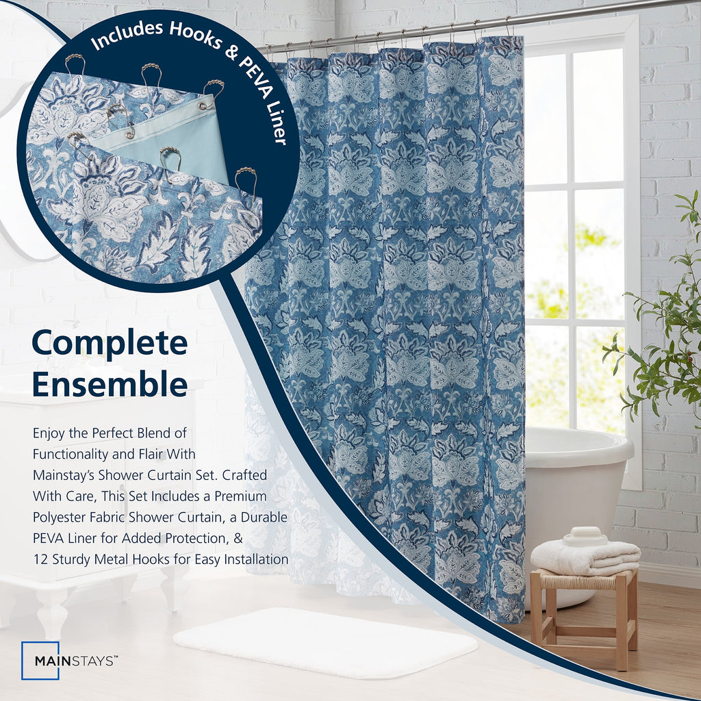 Mainstays 14-Piece Blue Medallion Shower Curtain Set  Fabric Curtain, PEVA Liner & Metal Hooks, 72"x72", Moisture-Resistant - Image 5