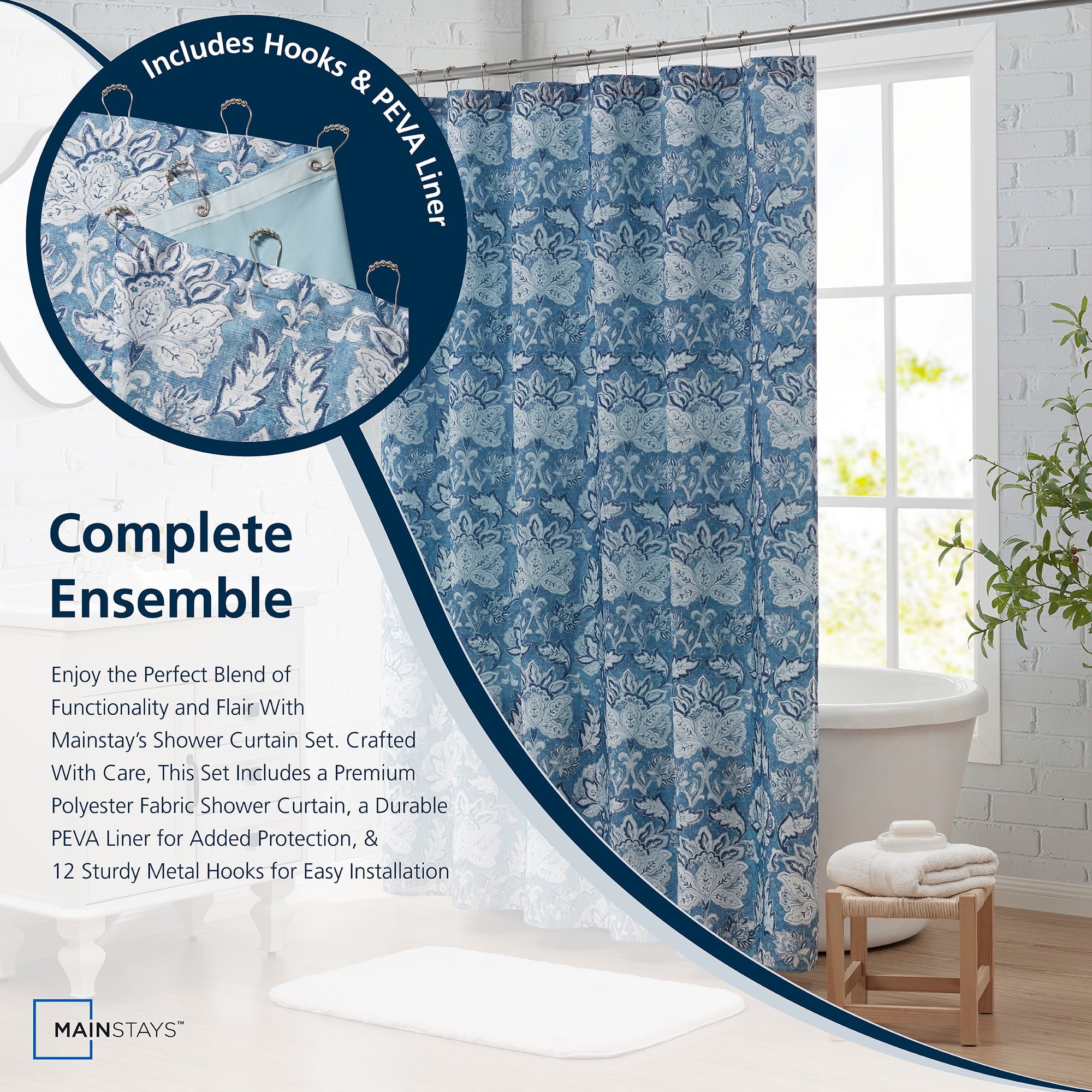 Mainstays 14-Piece Blue Medallion Shower Curtain Set  Fabric Curtain, PEVA Liner & Metal Hooks, 72"x72", Moisture-Resistant - Image 5
