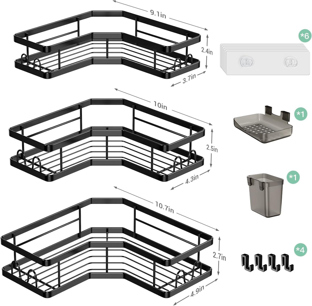TINANA Corner Shower Caddy, 3 Pack Adhesive Shower Corner Organizer Shelves, Stainless Steel Shower Storage Rack with Hooks, Toothpaste & So - Image 2
