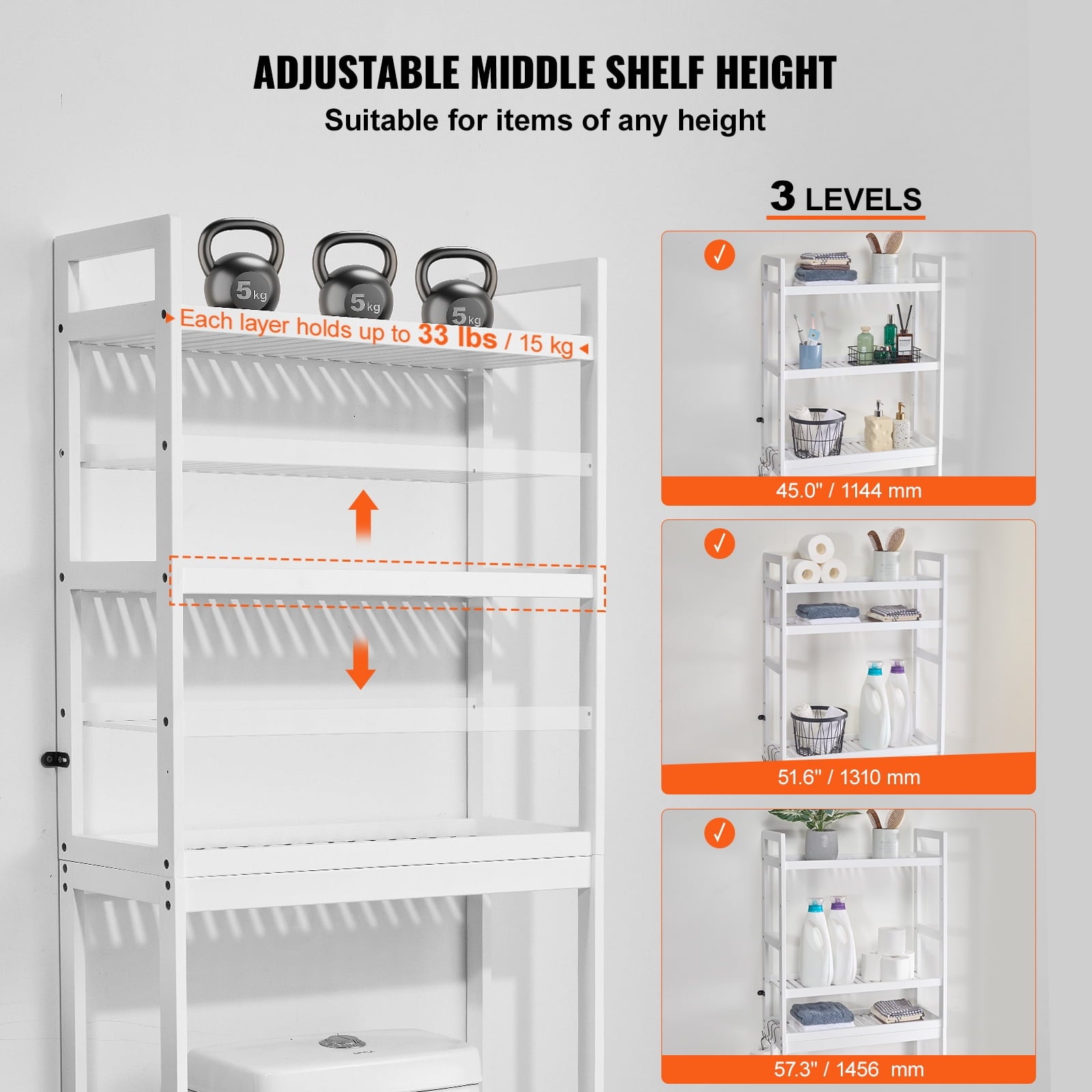Bathroom Storage Above Toilet, 3-Level Adjustable Bamboo Organizer, Shelf Rack with Trio Hooks, Independent Assembly ... - Image 3