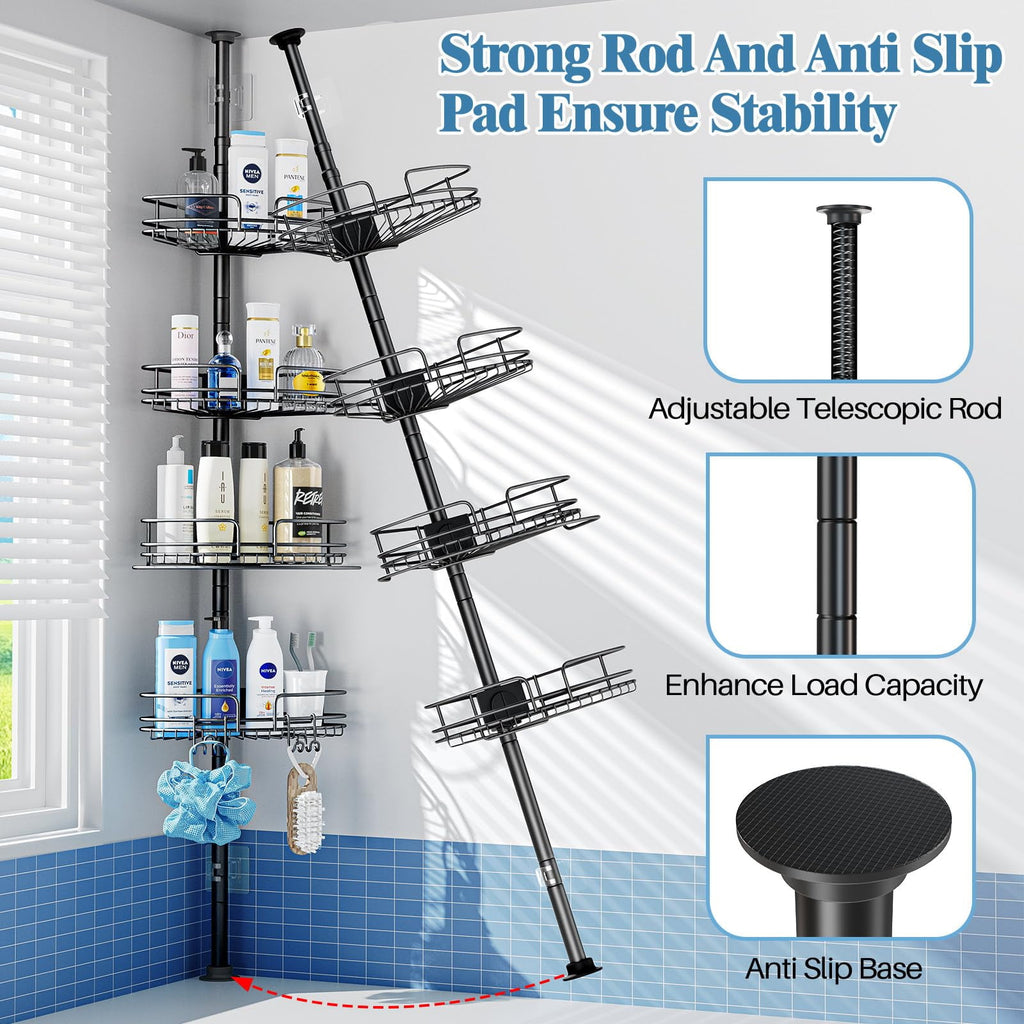Alupssuc 4-Tier Rustproof Tension Shower Caddy, for Bathtub Shampoo Storage Bathroom Organizer, Adjustable Shower Shelves from 23 to 125 inc - Image 4