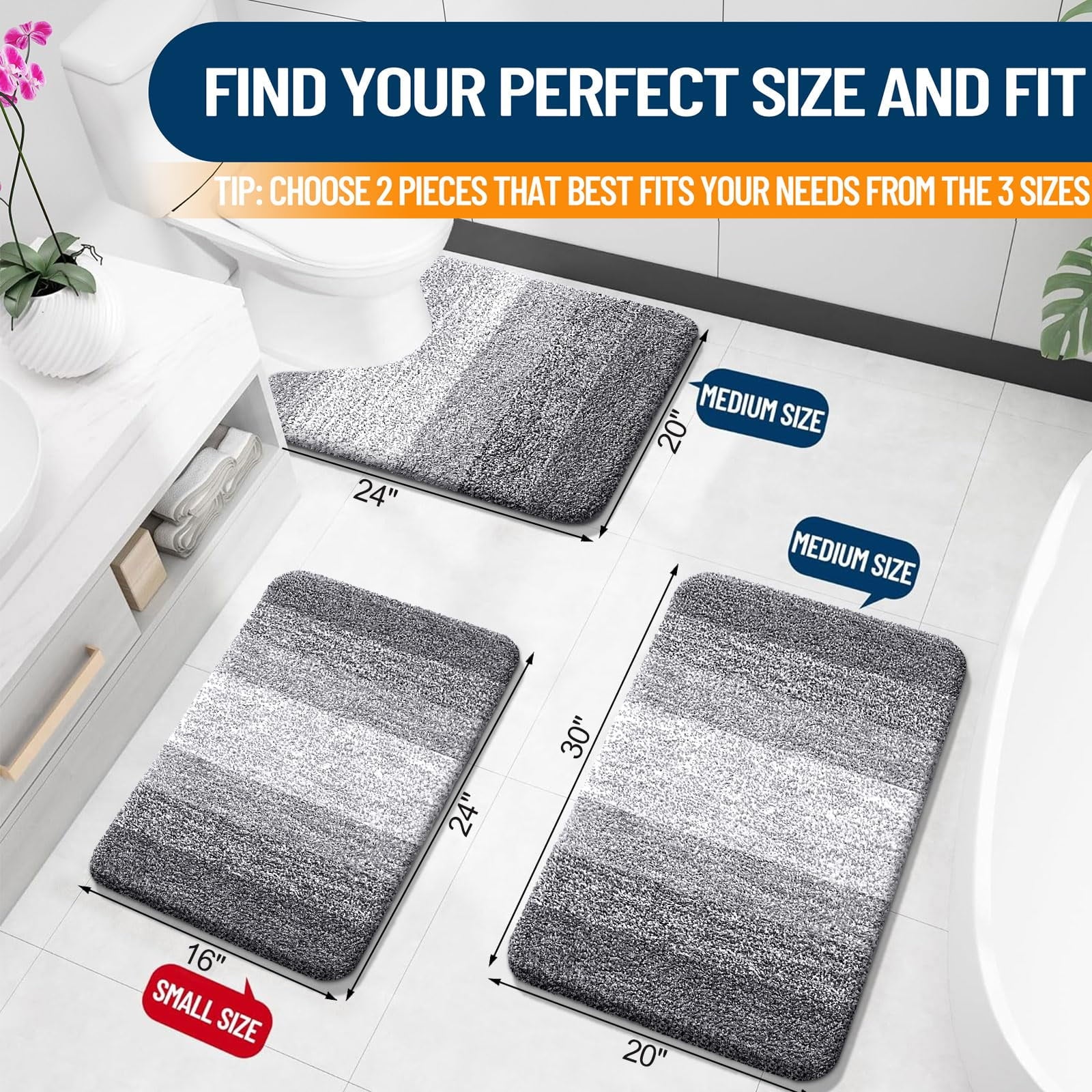 Buganda Bathroom Rugs Sets 2 Pieces, Soft Absorbent Microfiber Bath Mats, Non-Slip Machine Washable Bath Carpets (30"x20"+24"x16", Grey) - Image 2