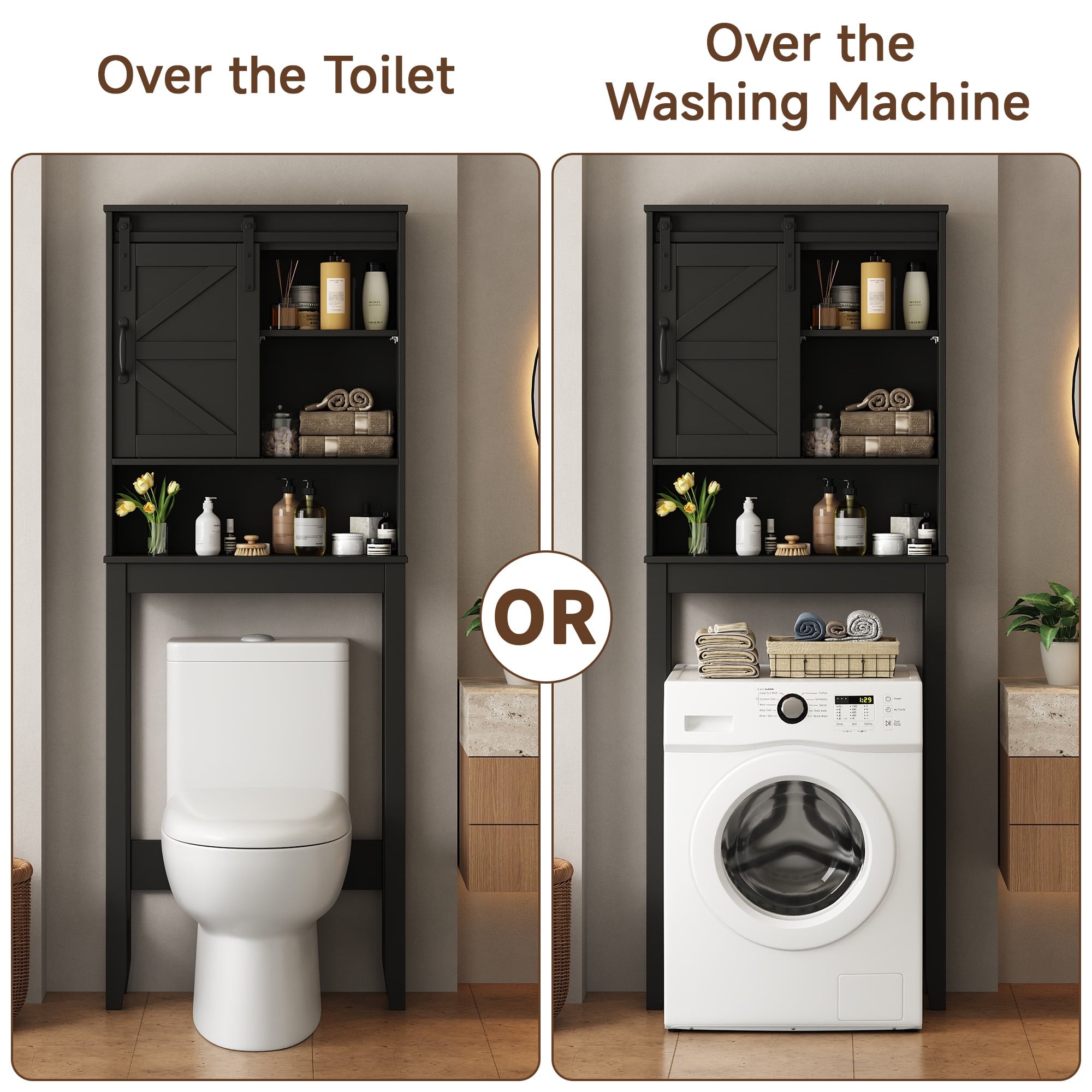 Over the Toilet Storage Cabinet, Bathroom Space Saver Organizer with Sliding Barn Door, Anti-Tipping Design, Waterproof, Adjustable Shelves - Image 2