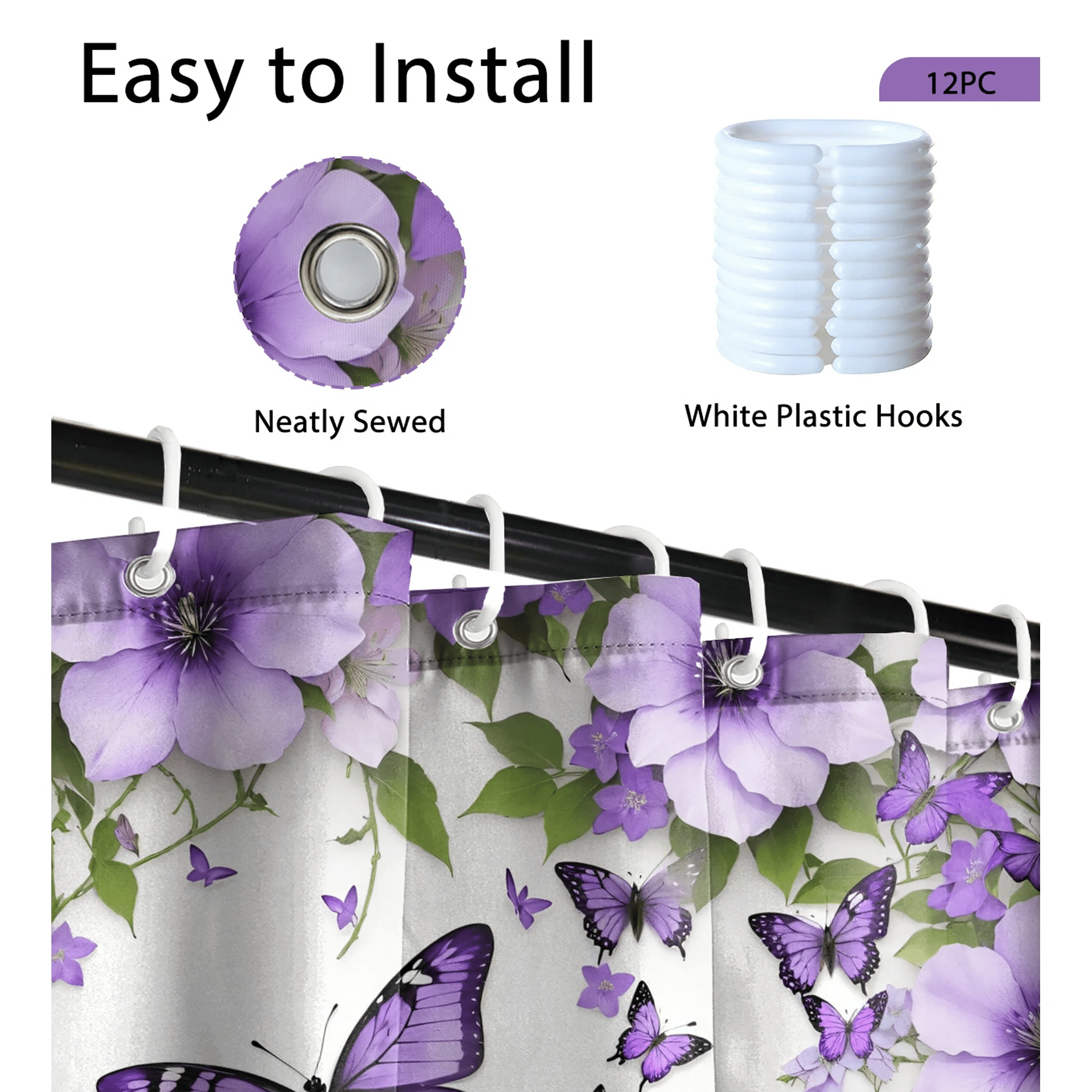Floral Bathroom Decor with 12 Hooks, Purple Lavender Lilac Flower Waterproof Polyester Bath s, Modern Home Bedroom De... - Image 5