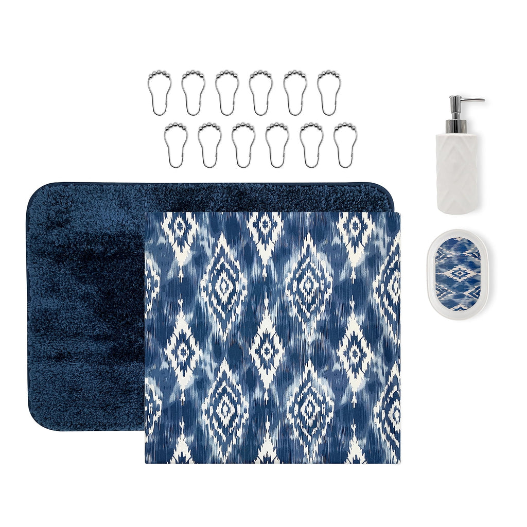 Mainstays 16-Piece Blue Ikat Shower Curtain Bathroom Set  Fabric Curtain with Rug, Hooks, Soap Dispenser & Tray - Image 3