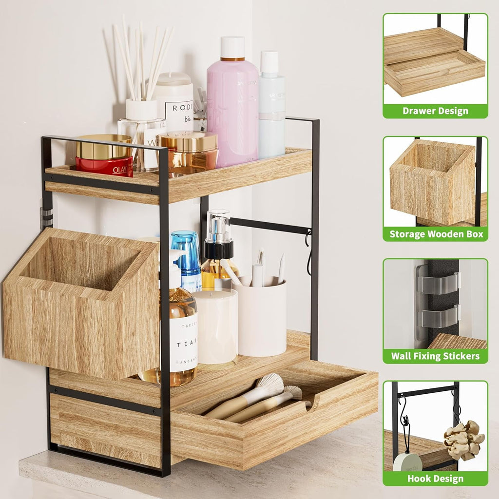 Gijjgole 2-Tier Bathroom Counter Organizer with Drawer and Basket, Wood Countertop Organizer for Storage, Skincare Organizers for Vanity, Co - Image 5