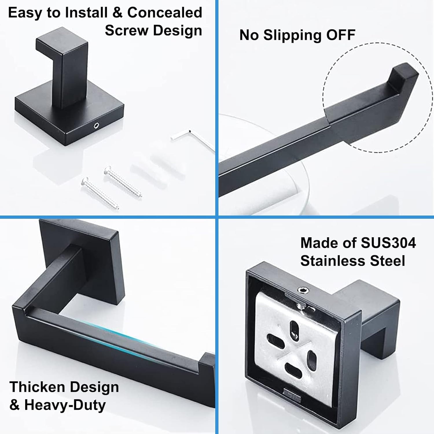 Black 5-Piece Square Bathroom Hardware Set with Towel Bar, Hook, Toilet Paper Holder and Ring（Black） - Image 6