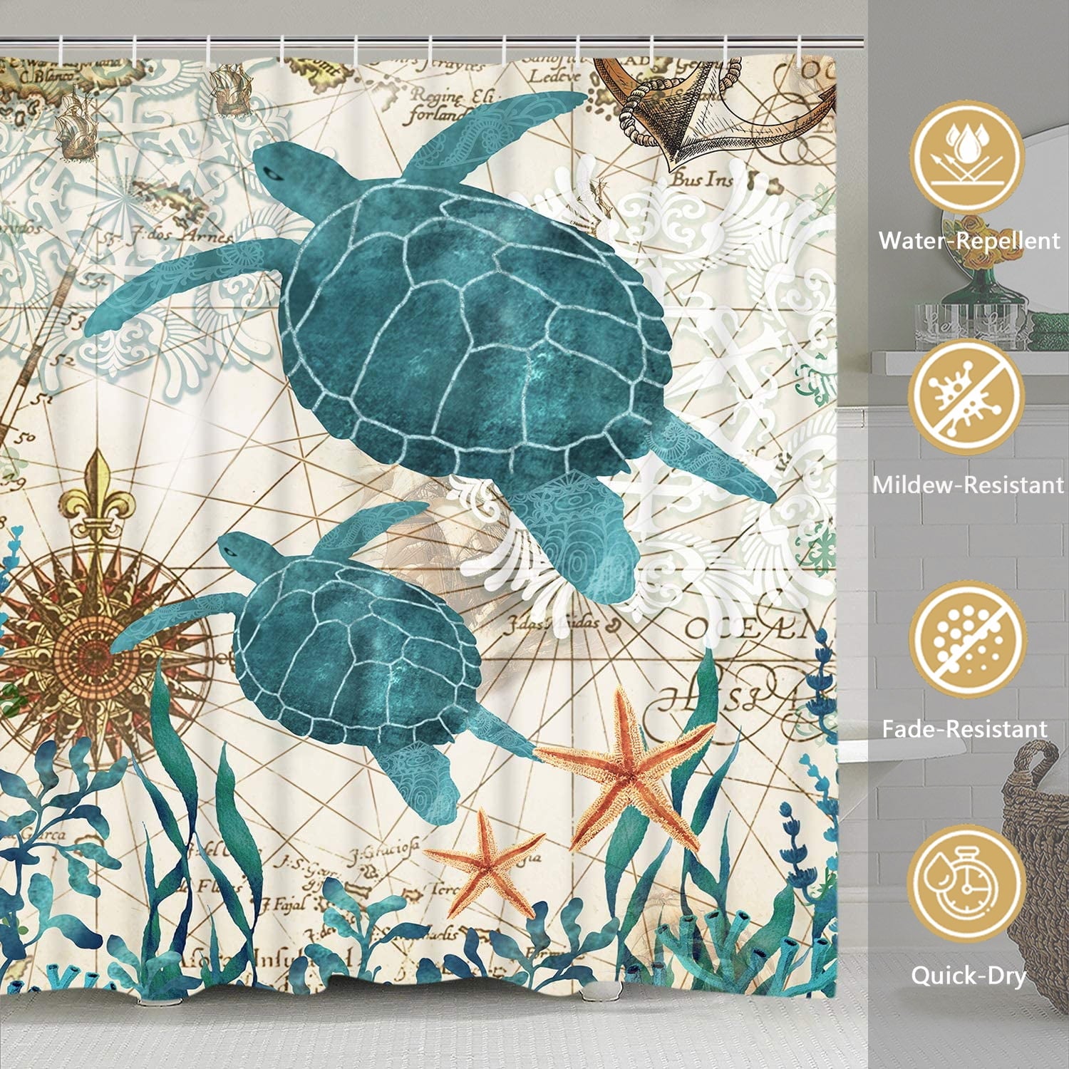 Shower Curtain and Rug Sets, 16 Pc Blue Ocean Creature Landscape Bathroom Sets, Waterproof Fabric Shower Curtain with... - Image 3