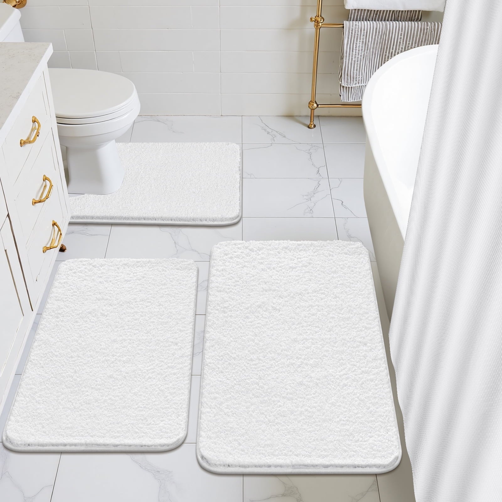 ‌Ileading 16-Piece Shower Curtain Set with Rugs, Waterproof Waffle Shower Curtain & Soft Non-Slip Bath Rugs with 12 Hooks, White Bathroom Se - Image 2