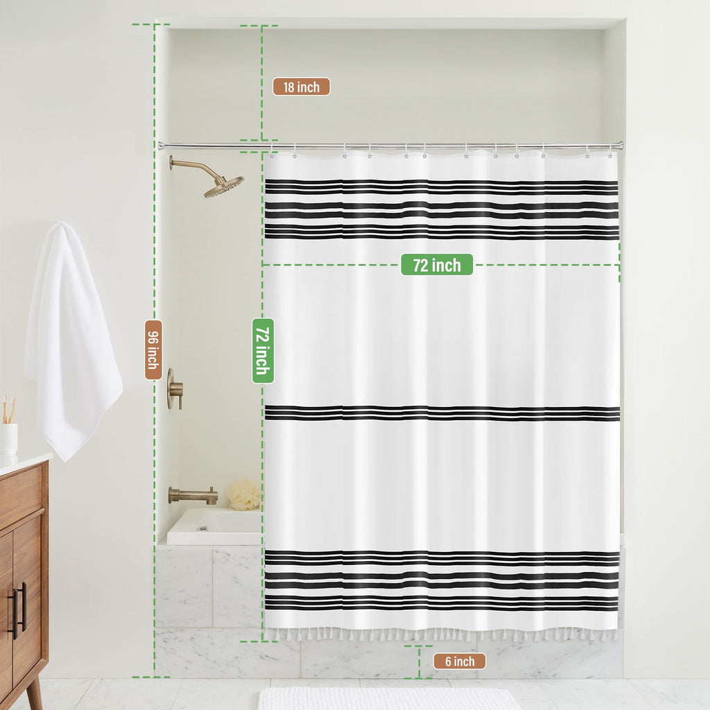Striped with Tassel Modern Bathroom s, Fabric Black and White Waterproof, 12 pcs Hooks,72x72 inch - Image 4