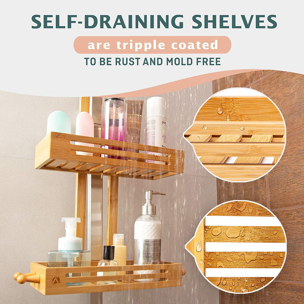 Bamboo Hanging Shower Caddy - Adult 2-Shelf 2-Compartment Bamboo Over-the-Shower Head Shower Caddy, 1 Count - Image 6