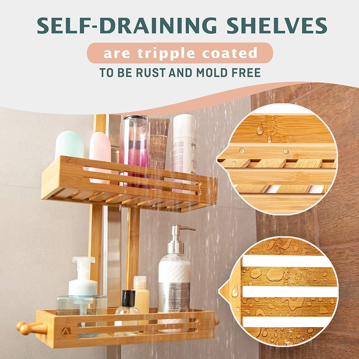 Bamboo Hanging Shower Caddy - Adult 2-Shelf 2-Compartment Bamboo Over-the-Shower Head Shower Caddy, 1 Count - Image 6