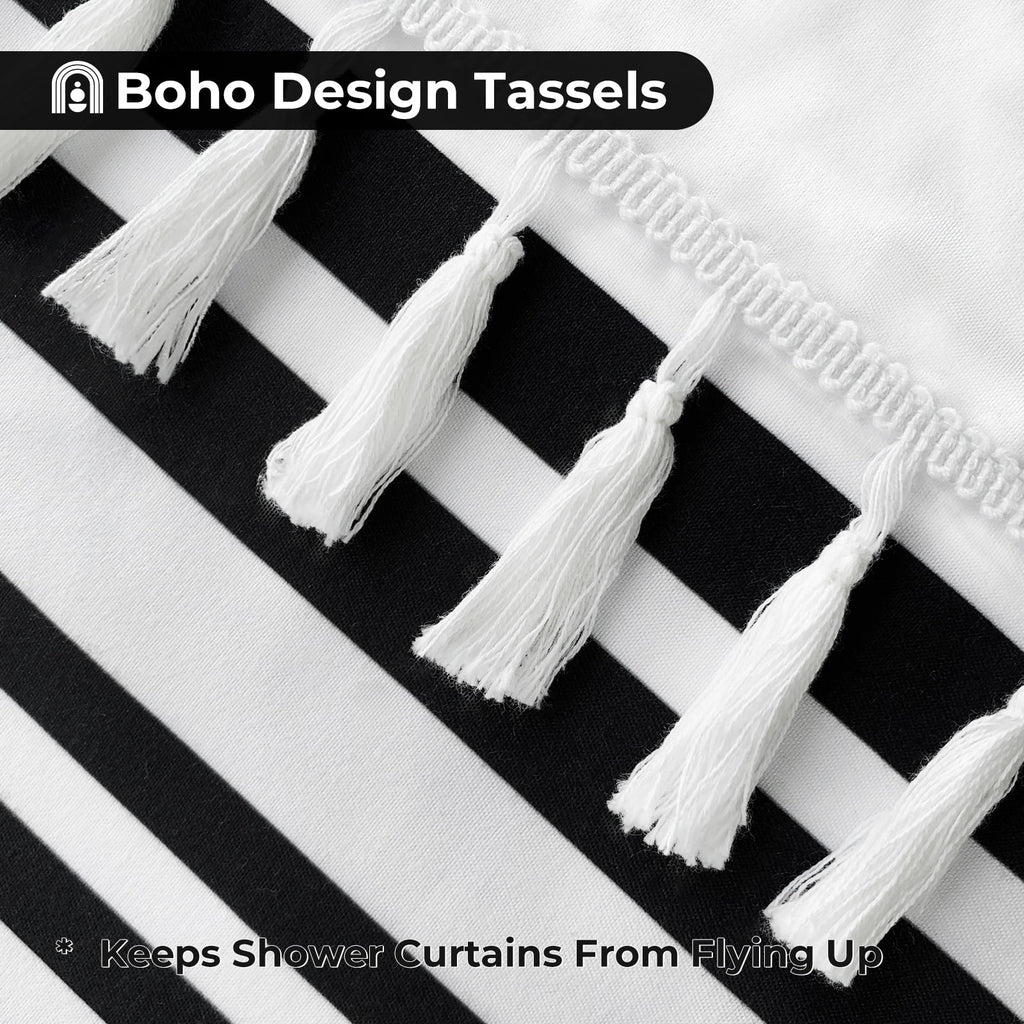 Striped with Tassel Modern Bathroom s, Fabric Black and White Waterproof, 12 pcs Hooks,72x72 inch - Image 6