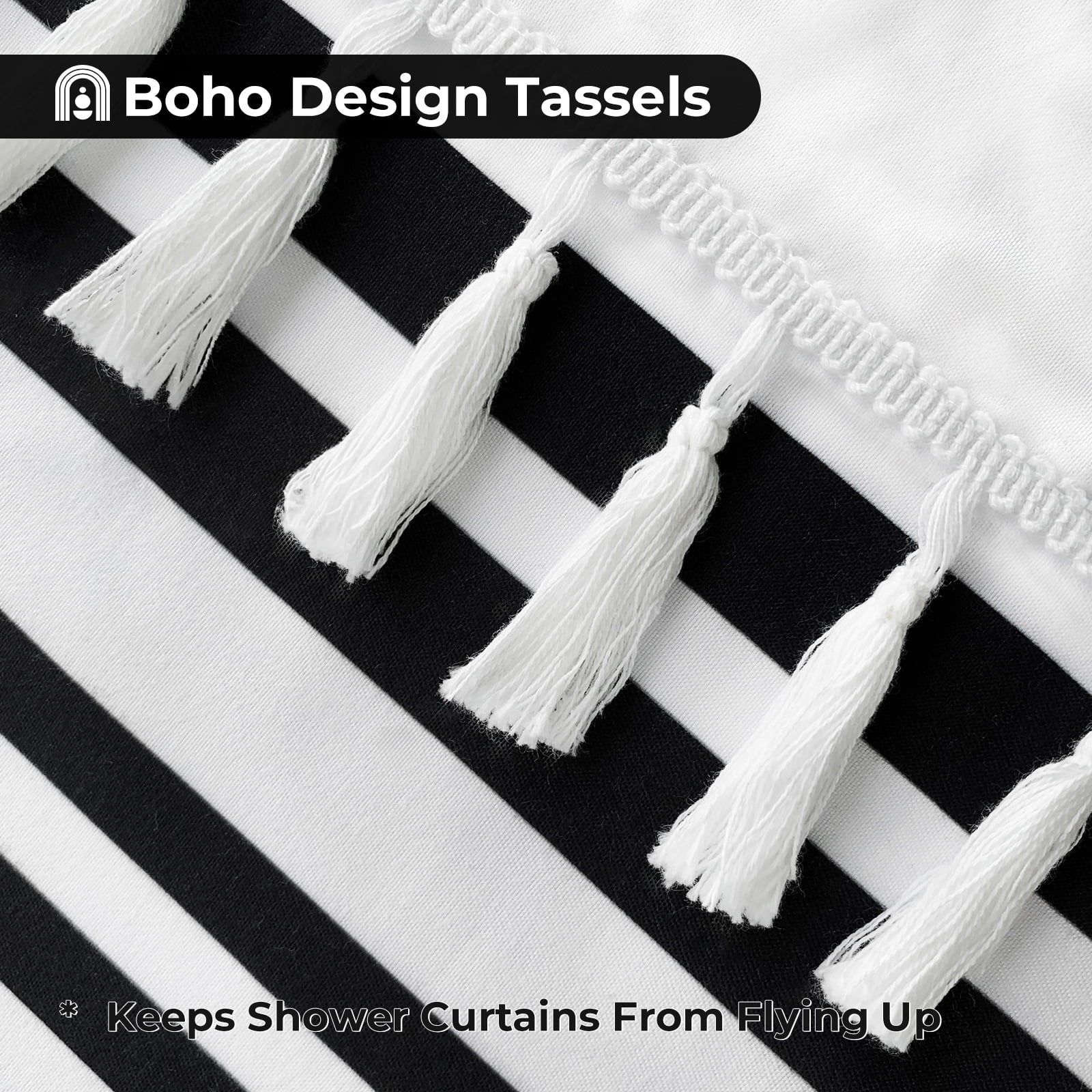Striped with Tassel Modern Bathroom s, Fabric Black and White Waterproof, 12 pcs Hooks,72x72 inch - Image 6