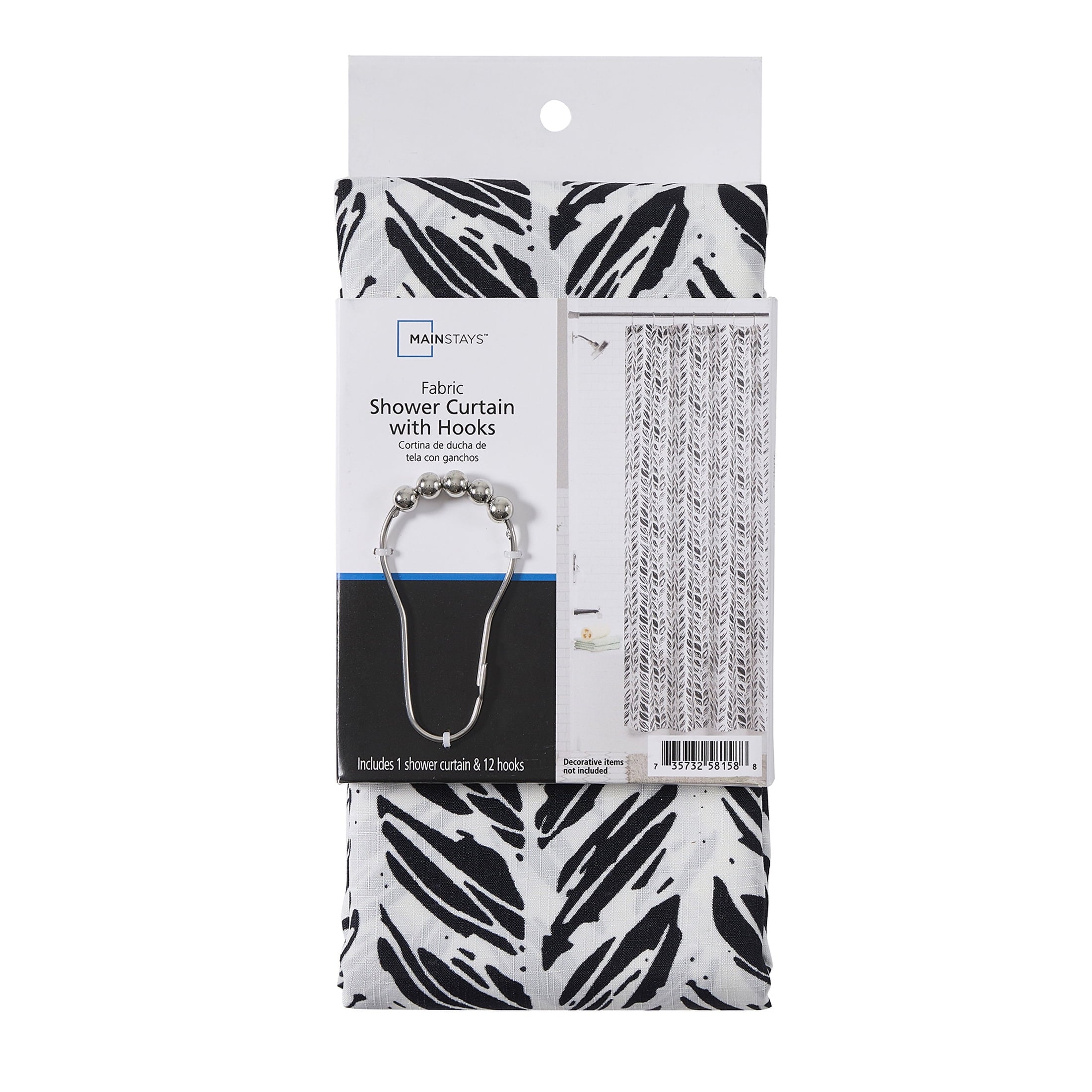 Mainstays Braid 13 Piece Shower Curtain and Hook Set, 72 x 72, Black/White - Image 6