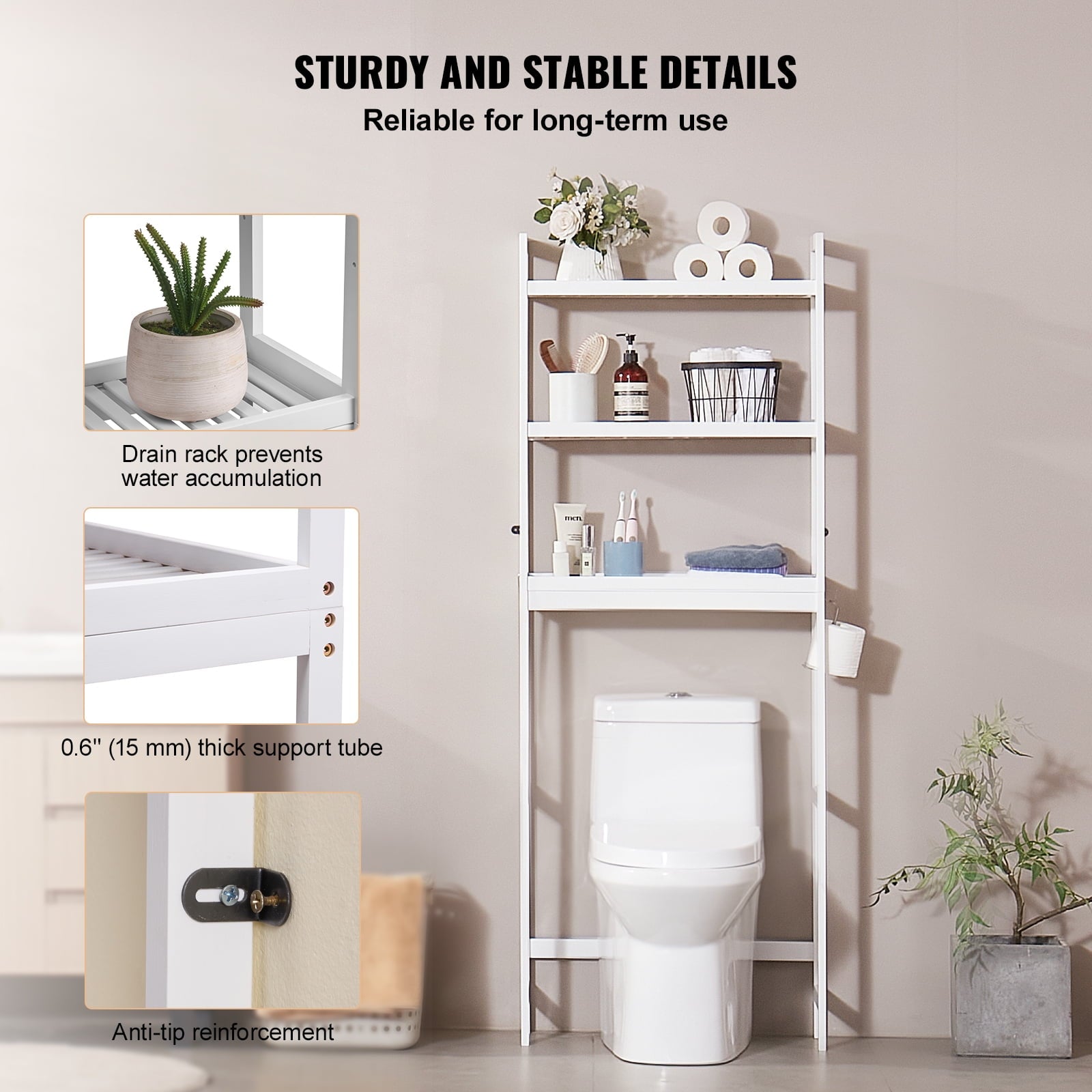 Bathroom Storage Above Toilet, 3-Level Adjustable Bamboo Organizer, Shelf Rack with Trio Hooks, Independent Assembly ... - Image 4