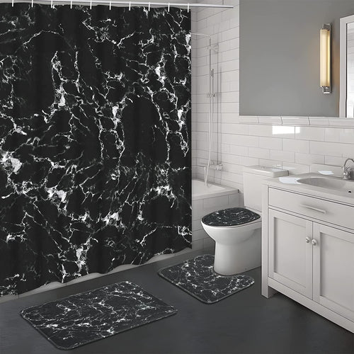 16-Piece Black Marble Shower Curtain Sets with Rugs, Modern Abstract Bathroom Sets, Waterproof Fabric Bathroom Curtai... - Image 2