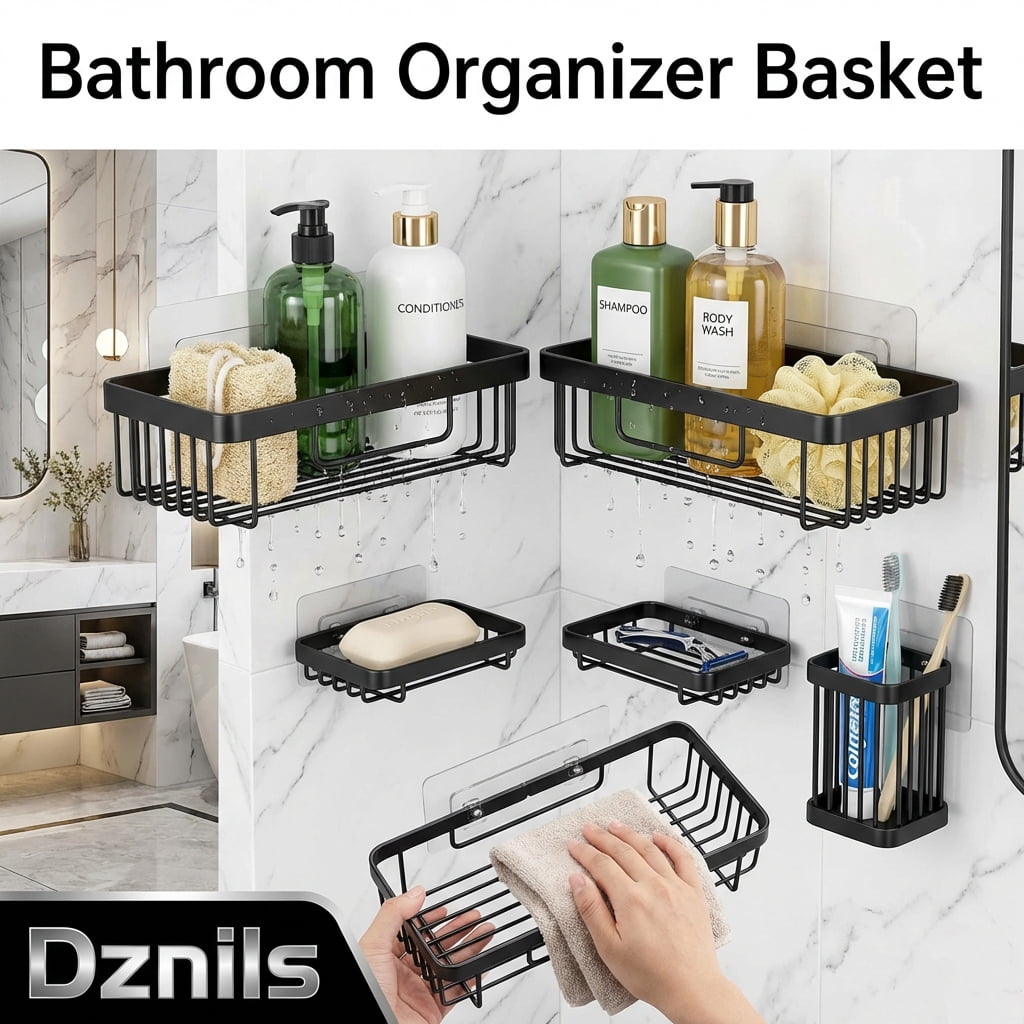 Caddy Corner 5 Pack, Large Capacity No Drilling Wall-Mounted Bathroom Organizer Basket, Black - Image 4