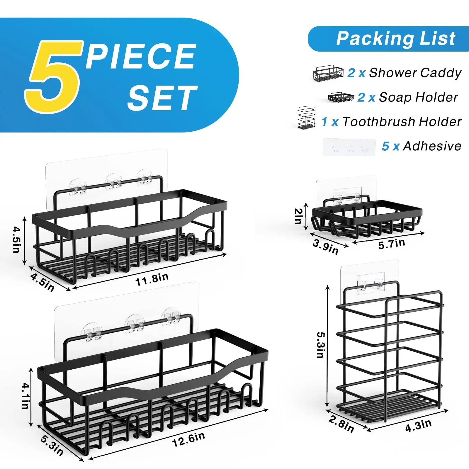 Stainless Steel Shower Caddy, 5 Shelves, Kitchen Organizer, No Drilling with Strong Adhesive Mount, Rustproof, Black. - Image 3